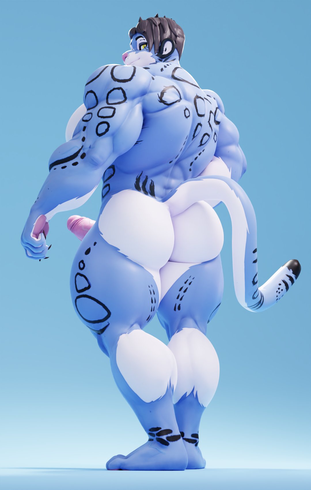 2022 3d_(artwork) anthro ass back_muscles barazoku big_butt big_muscles blue_background bubble_butt claws collaboration connivingrat digital_media_(artwork) erection eyebrows feet felid fur genitals hair hi_res huge_butt huge_muscles humanoid_feet humanoid_genitalia humanoid_penis leopard looking_at_viewer looking_back looking_back_at_viewer low-angle_view male male_only mammal muscular muscular_anthro muscular_male nude pan_(sxfpantera) pantherine penis plantigrade simple_background smile snow_leopard solo standing thick_thighs triceps tuft valorlynz