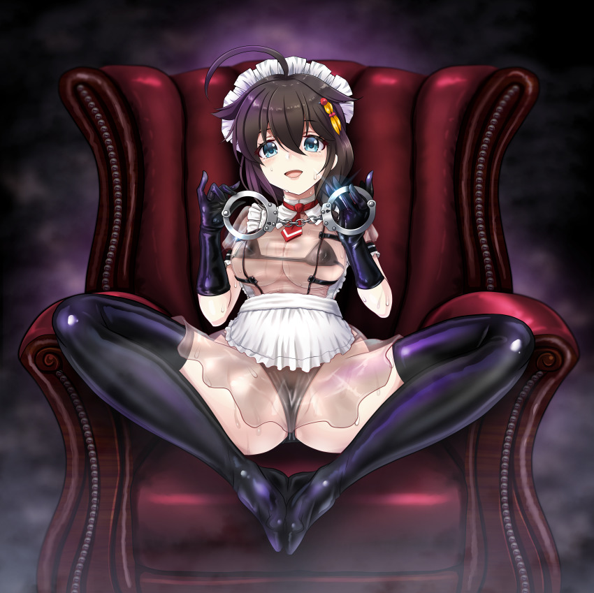 apron bikini black_bikini black_swimsuit blue_eyes breasts brown_hair chair dominatrix female gloves hair_ornament handcuffs holding_handcuffs kantai_collection large_breasts latex latex_bikini latex_gloves latex_thighhighs looking_at_viewer maid maid_apron maid_headdress maid_uniform medium_hair open_mouth see-through_clothing shigure_(kantai_collection) shigure_kai_ni_(kantai_collection) sitting_on_chair swimsuit thighhighs tk8d32 waist_apron