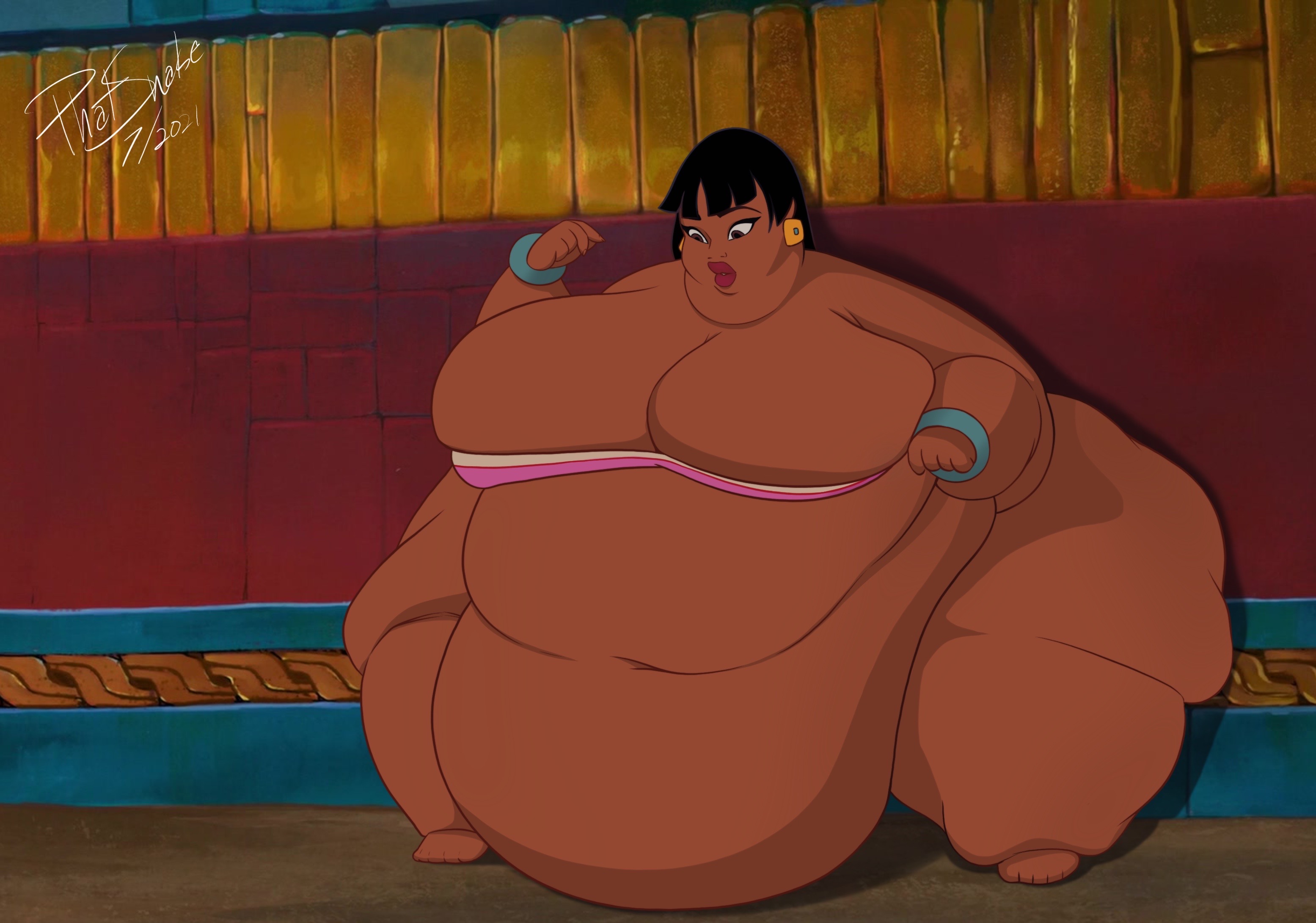 1girls, bbw, belly, big belly, big breasts, black hair, breasts, chel, cleavage, dark skin, dark-skinned female, edit, fat, female, huge breasts, latina, morbidly obese, obese, overweight, phatsnake, screenshot edit, ssbbw, the road to el dorado, thick thighs, thighs, weight gain, what