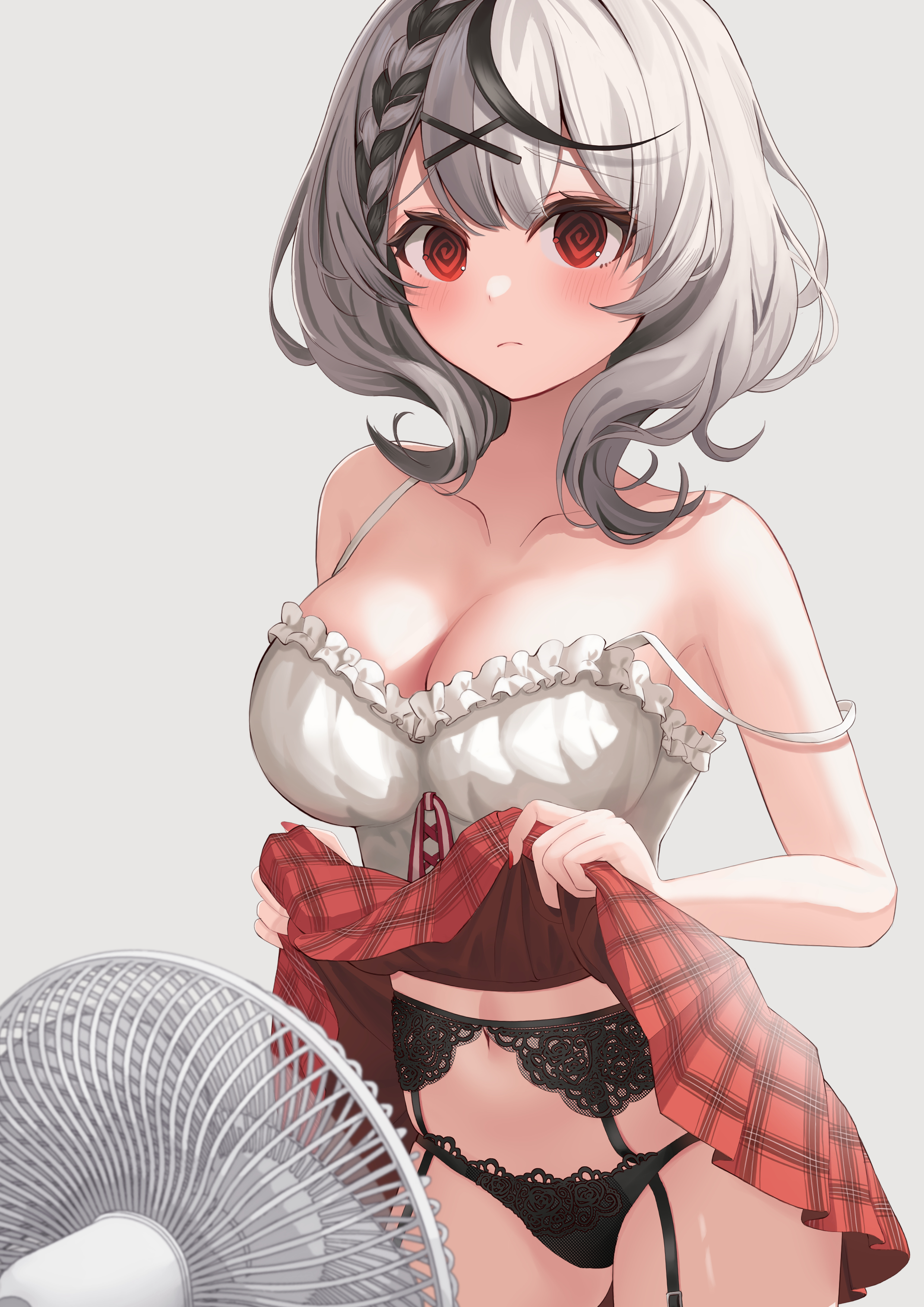 big breasts, black lingerie, black underwear, breasts, confused look, cooling off, cute, electric fan, fan, fanning crotch, female, grey background, hololive, hololive japan, holox, lingerie, nikahoshikuzu, red eyes, red skirt, sakamata chloe, short hair, simple background, skirt, skirt lift, skirt lifted by self, thick thighs, two-tone hair, virtual youtuber, white hair, white shirt