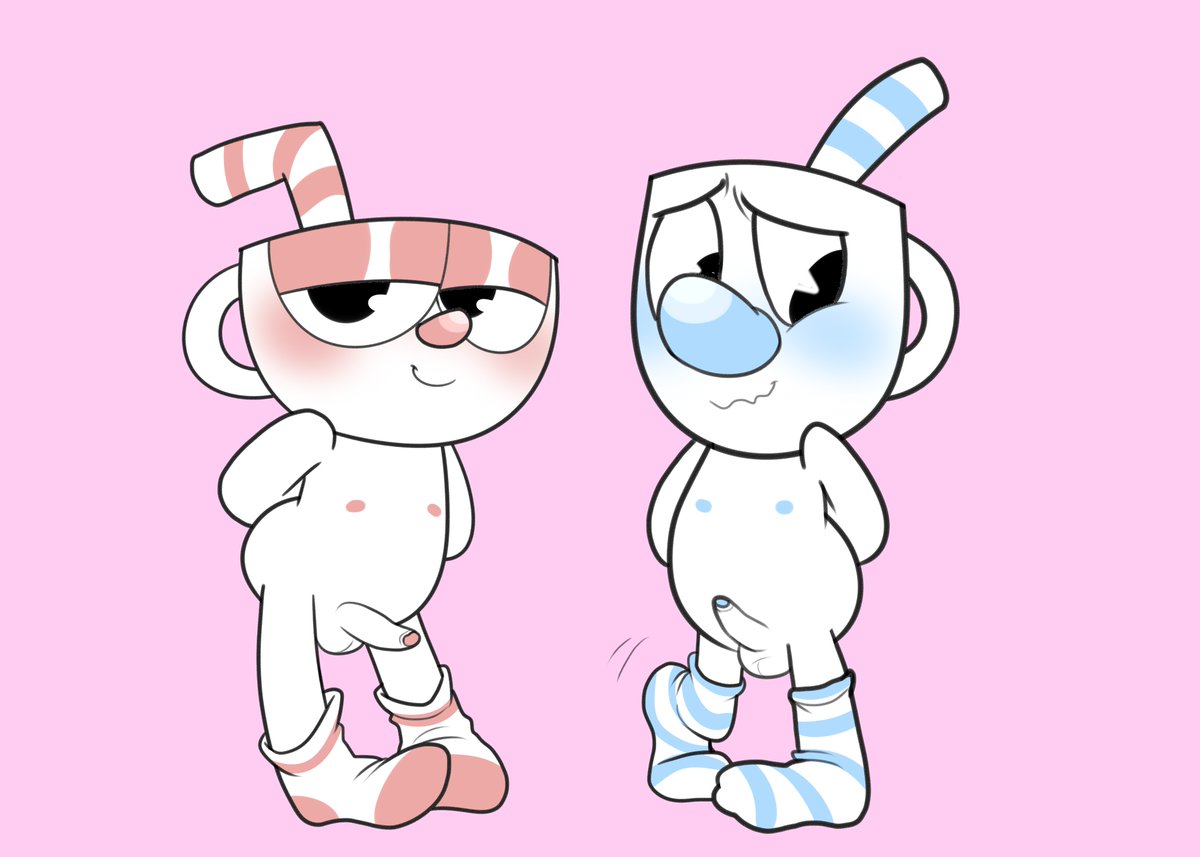 2boys balls blush cup cuphead cuphead_(game) male mugman penis shy simple_background smile socks