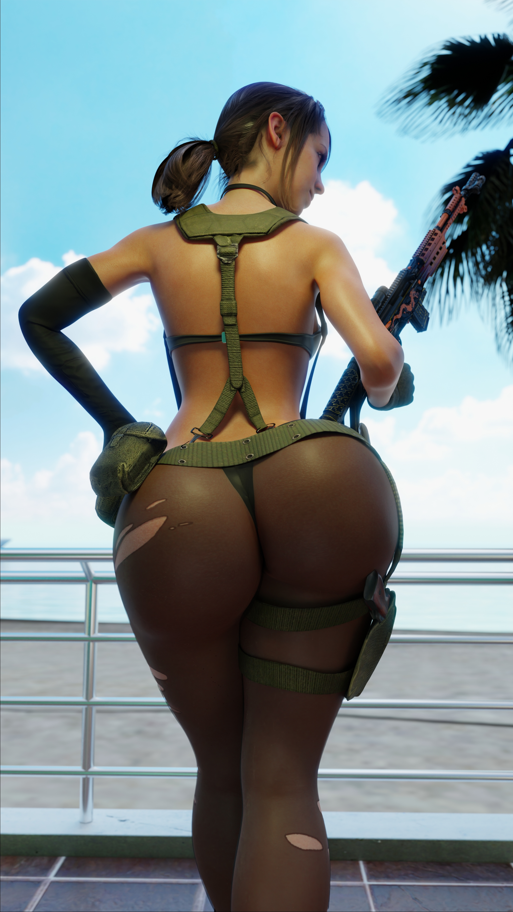 1girls, 3d, 4k, ass, big ass, brown hair, chumb3d, clothed, curvy, female, female focus, gun, looking at viewer, metal gear solid, metal gear solid v, pantyhose, quiet (metal gear), sniper, sniper rifle, stefanie joosten, tactical gear, thick ass, thick thighs, weapon