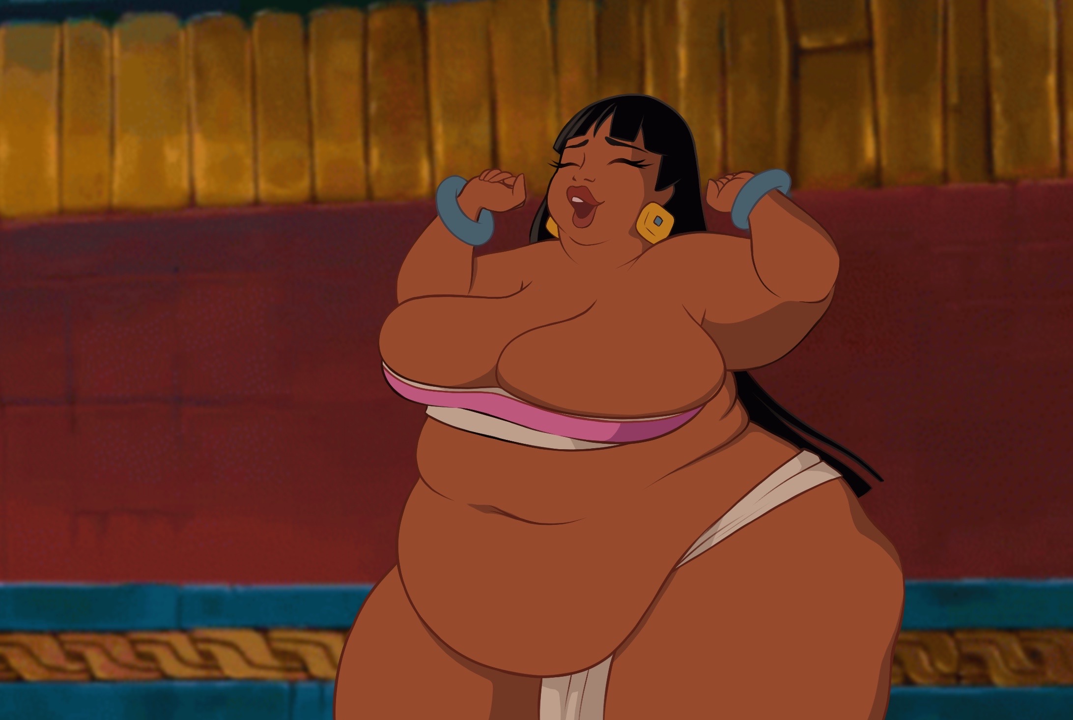 1girls, bbw, belly, big belly, big breasts, black hair, breasts, chel, cleavage, dark skin, dark-skinned female, dreamworks, edit, fat, female, huge breasts, morbidly obese, native, native american, obese, overweight, phatsnake, screenshot edit, the road to el dorado, thick thighs, thighs, weight gain, what, wide hips