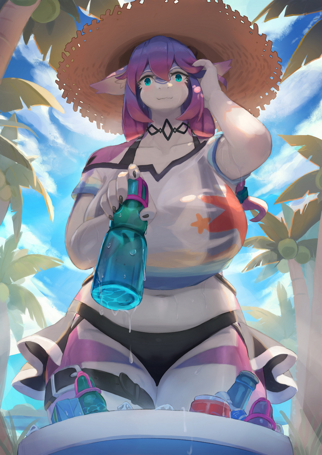 1girls anthro aqua_eyes beach belt_on_leg big_breasts bottle dragon dragon_ears female female_only fixing_hair hat hi_res lanya_(lcshian) lcshian light_blush long_hair looking_at_viewer palm_tree pink_highlights pointy_ears purple_hair smiling_at_viewer solo solo_female straw_hat swimwear t-shirt thick_thighs wet_t-shirt