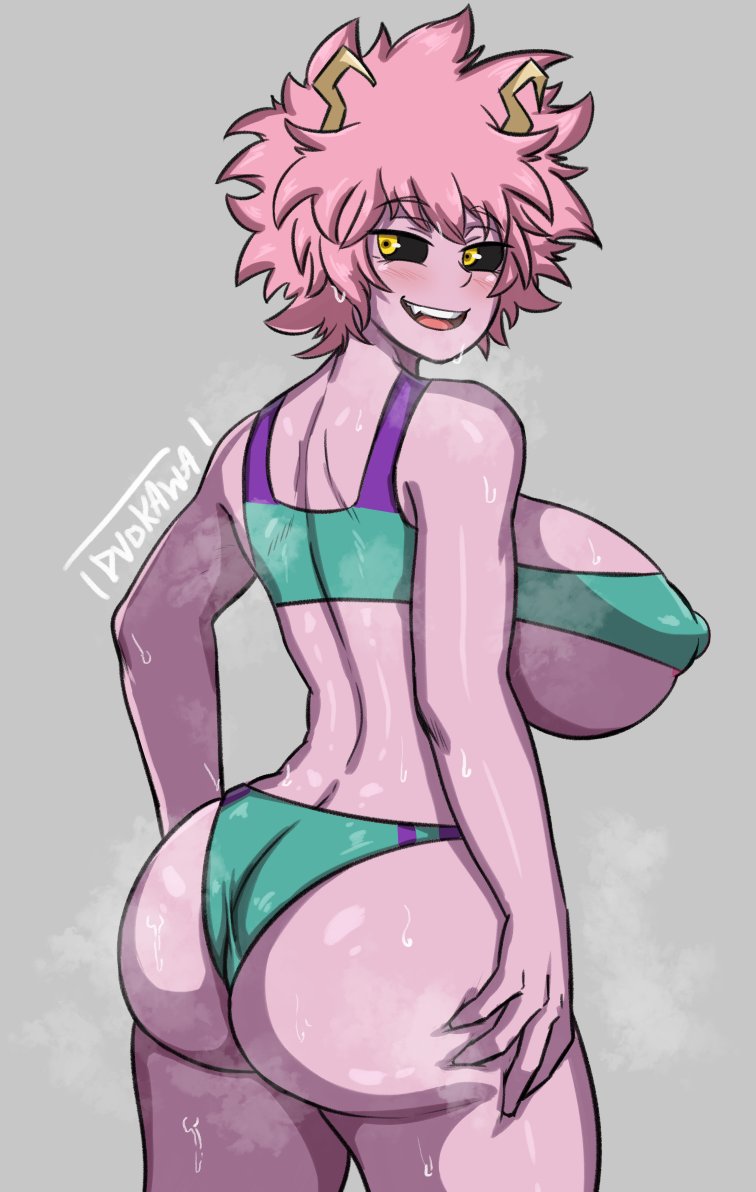 1girls areola areola_slip areolae ass bare_shoulders big_ass big_breasts big_butt black_sclera blush bra breasts cleavage duo_kawa fangs female female_only grey_background large_breasts looking_back mina_ashido my_hero_academia nipple_bulge open_mouth open_smile panties pink_hair pink_skin simple_background smile solo solo_female steam steaming_body sweat voluptuous wide_hips yellow_eyes