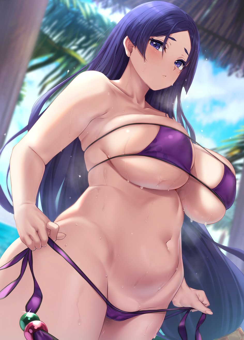 1girls, big breasts, bikini, bikini bottom, bikini top, blush, breasts, cameltoe, cleavage, eyepatch bikini, fate (series), female, female only, hair, huge breasts, light skin, light-skinned female, long hair, mature, mature female, milf, minamoto no raikou (fate/grand order), minamoto no raikou (swimsuit lancer), moisture (chichi), mother, plump, purple bikini, purple eyes, purple hair, pussy, solo, solo female, sweat, sweatdrop, swimsuit, swimwear, thick thighs, thighs, voluptuous, wet, wet body