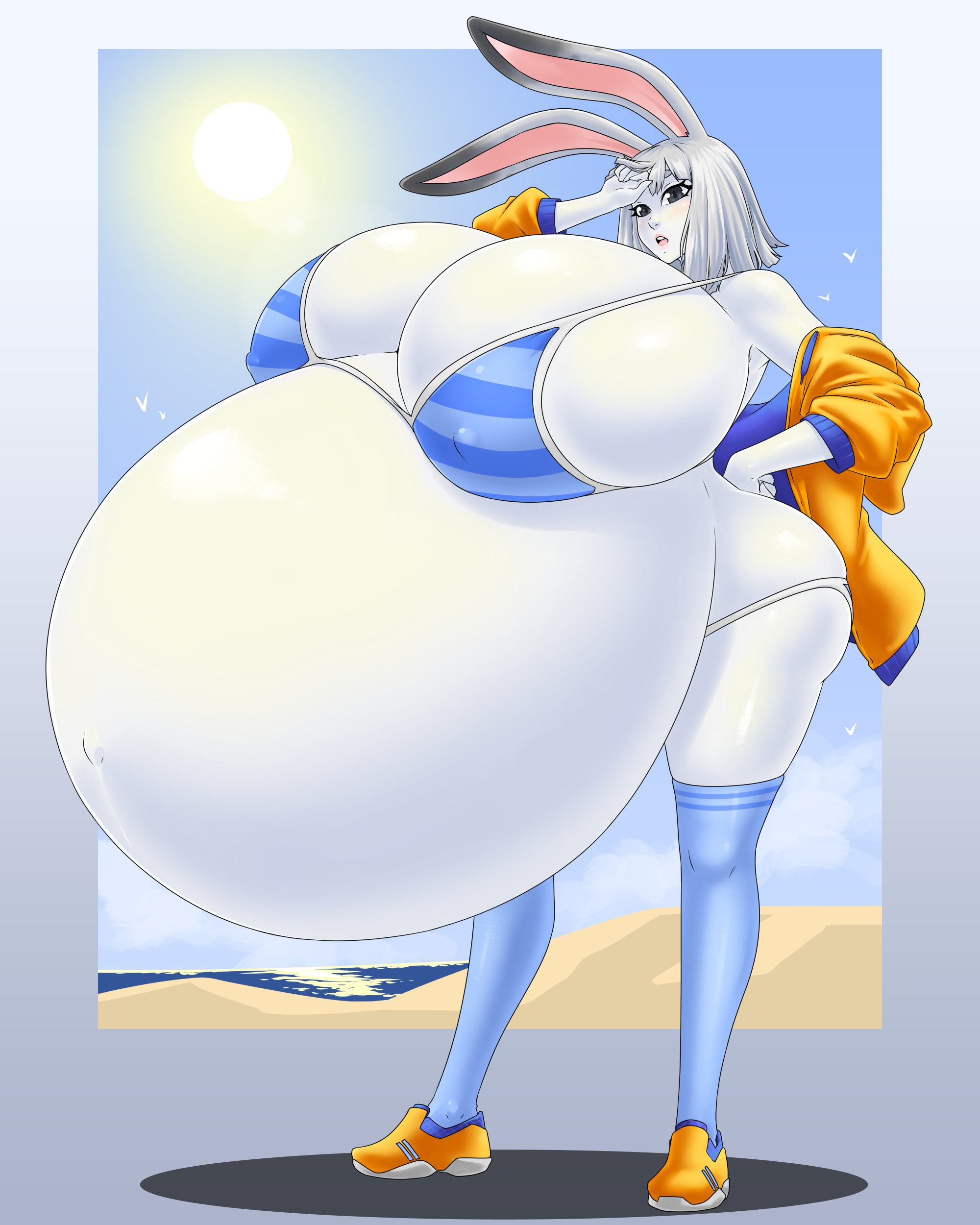 1girls, breasts, bunny ears, bunny tail, female, gigantic belly, huge belly, huge breasts, hyper pregnancy, jacket, thighhighs, zdemian