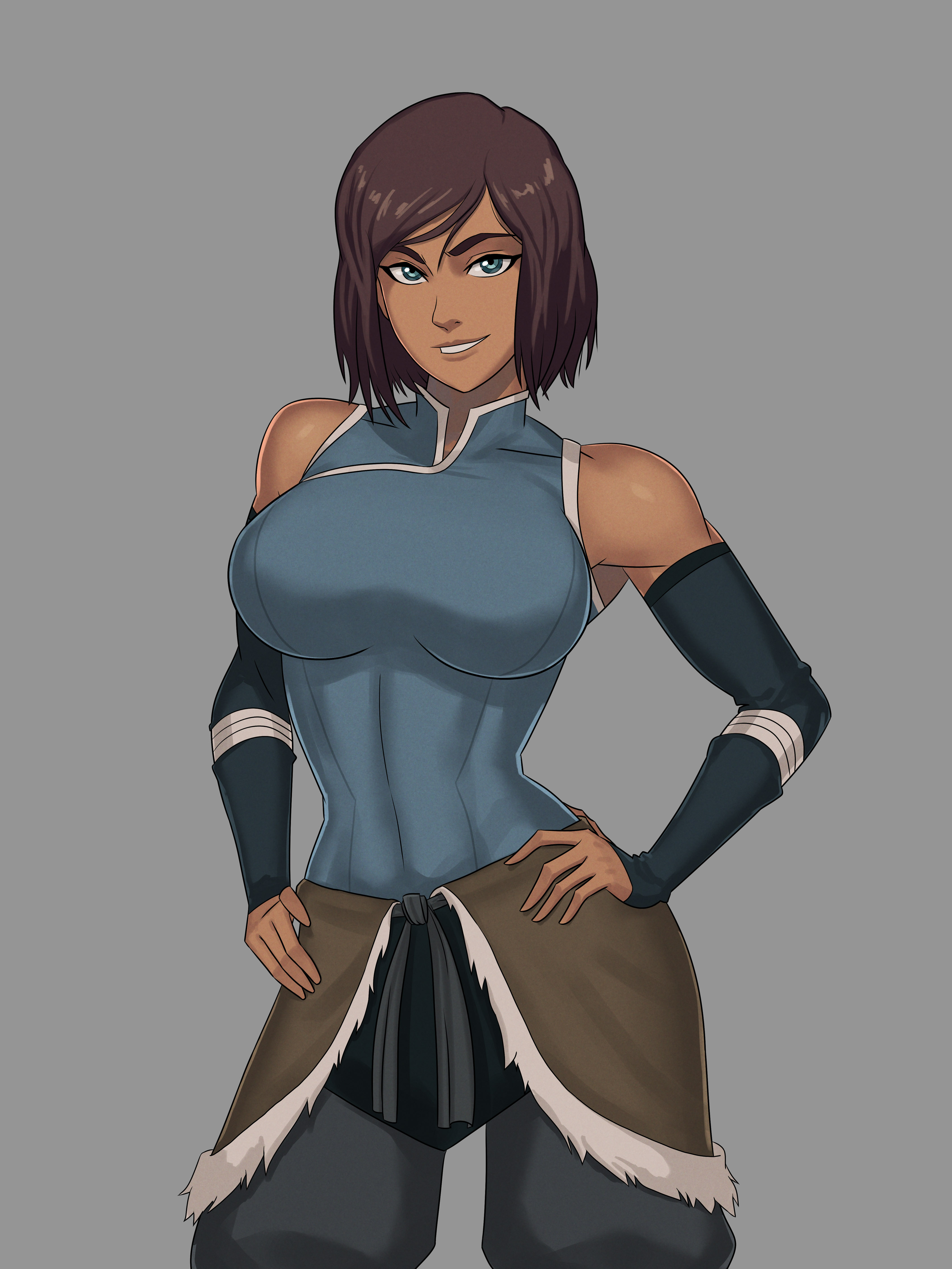 1girls, abs, avatar legends, breasts, clothed, clothing, dark skin, dark-skinned female, female, female focus, female only, female protagonist, fit, fit female, fully clothed, huge breasts, inuit, korra, large breasts, looking at viewer, short hair, simple background, smile, smiling at viewer, solo, sunsetriders7, the avatar, the legend of korra, tomboy, tribal, water tribe