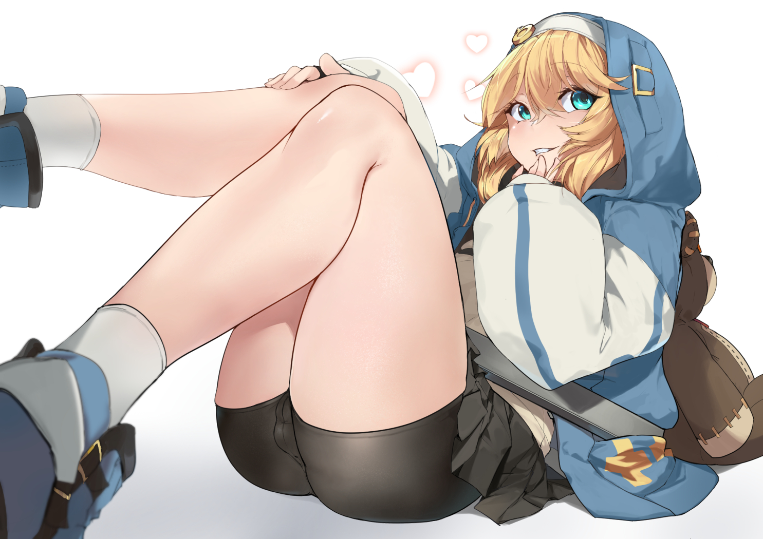 1other, ass, backsack, balls, ballsack, bike shorts, blonde hair, blue eyes, bridget, bridget grin, charles (gu599), eye contact, female, female only, gu599, guilty gear, guilty gear strive, looking at viewer, shorts, solo, spandex shorts, testicles, thick thighs, thighs, transgender
