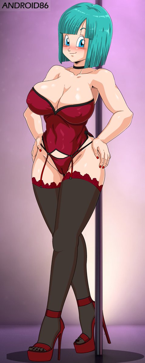 android86 black_choker black_legwear blue_eyes blue_hair blush bulma_briefs bulma_briefs_(androids'_saga) cleavage dragon_ball dragon_ball_z female_only garter_belt garter_straps happy large_breasts looking_at_viewer nipple_bulge pole pole_dancing red_bra red_high_heels red_nails red_panties short_hair smile solo_focus stockings uncensored underwear