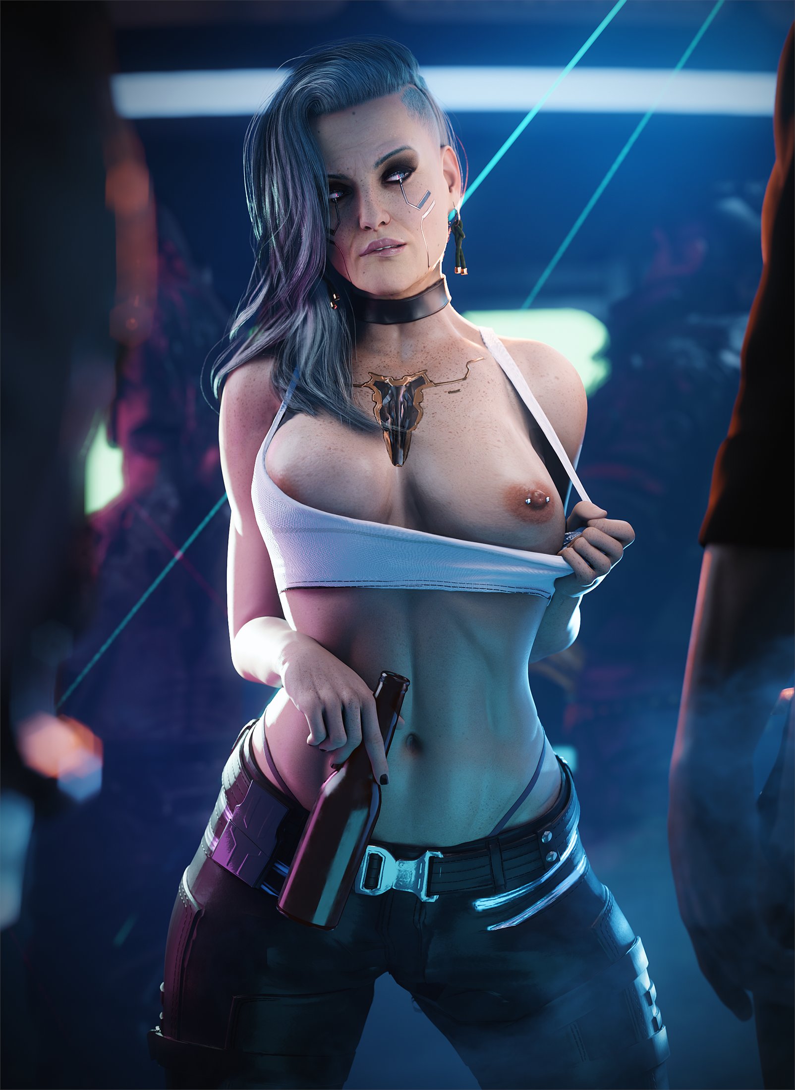 1girls, 3d, abs, areolae, beauty mark, beer, beer bottle, big breasts, biting lip, breasts, cd projekt red, choker, crop top, cyberpunk 2077, earrings, exhibitionism, female, female focus, flashing, flashing breasts, freckles, fugtrup, gilf, grey hair, hi res, highres, light skin, light-skinned female, long hair, mature, mature female, nipple piercing, nipples, older female, painted nails, pants, pierced nipples, piercing, public, public nudity, rogue amendiares, silver hair, solo, thong, toned, toned female