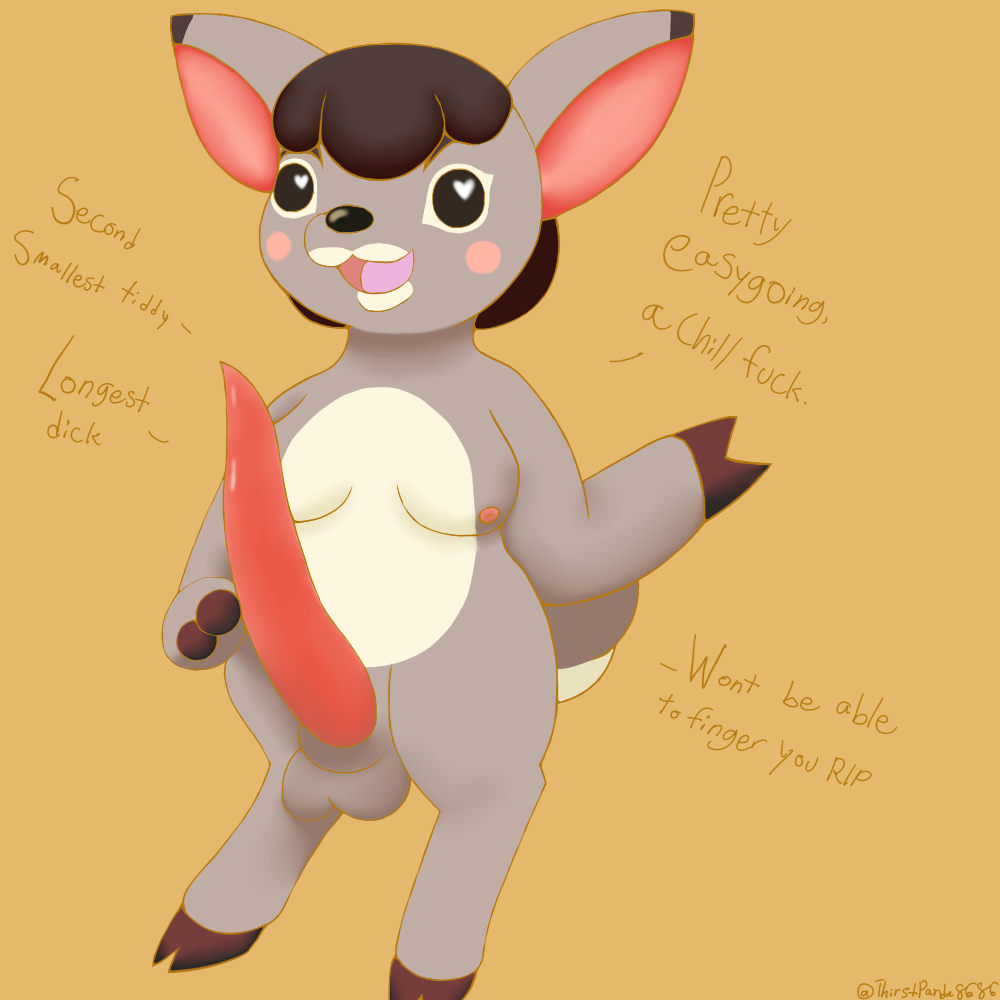 anatomically_correct anatomically_correct_genitalia anatomically_correct_penis animal_crossing animal_genitalia animal_penis anthro balls black_eyes black_nose blush blush_stickers breasts brown_body brown_hair cervid deirdre_(animal_crossing) eyebrows furry futanari genitals gynomorph hair hooves intersex lunarpanda8686 mammal nintendo orange_background penis simple_background slightly_chubby solo tan_body text video_games