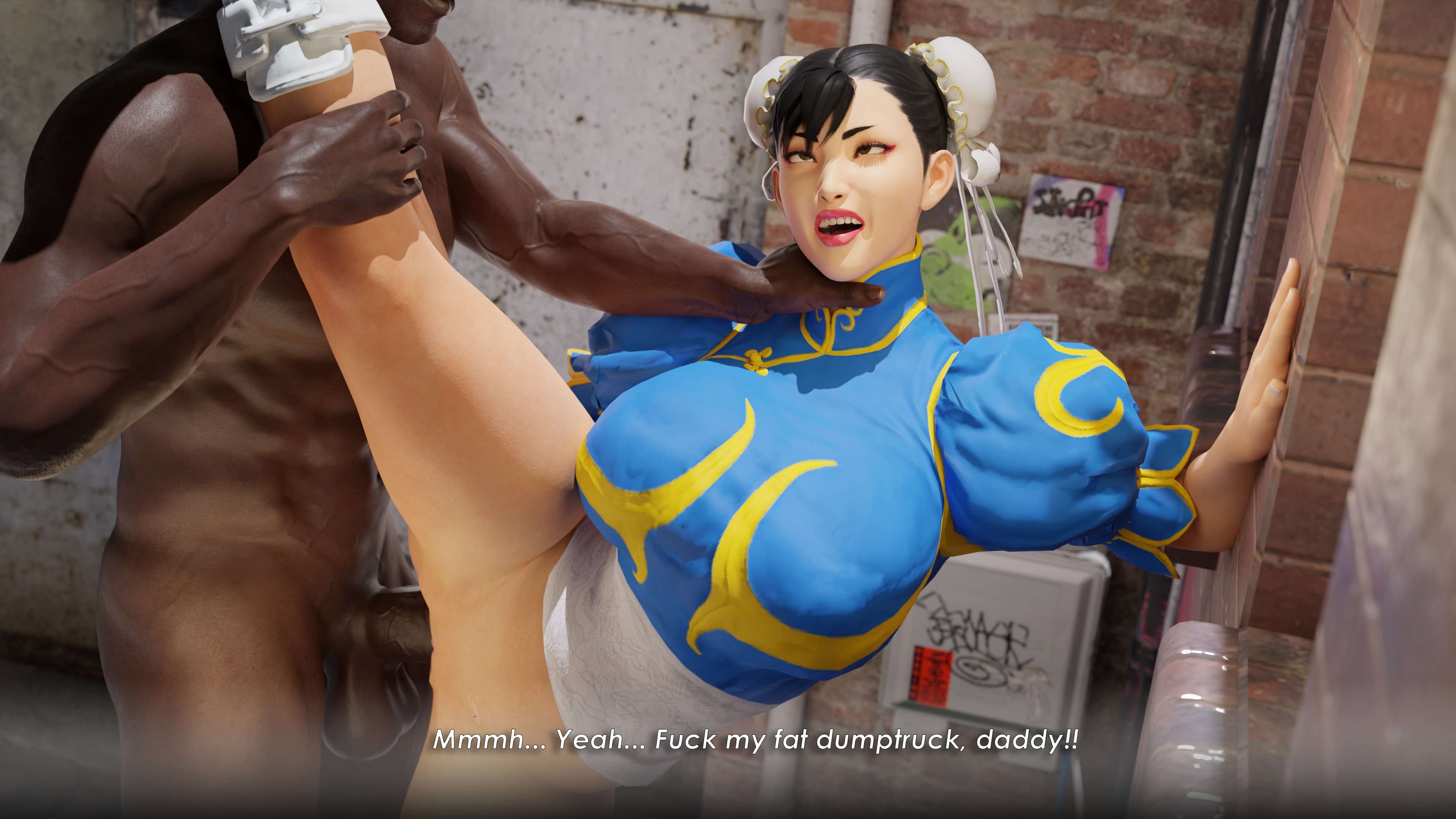 1boy, 1girls, 3d, ahe gao, big penis, breasts, capcom, choking, chun-li, clothed female nude male, dark skin, dark-skinned male, english text, faceless male, female, hand on wall, interracial, large breasts, male, penis, pussy, standing sex, street fighter, text, tscd rendering, vaginal penetration