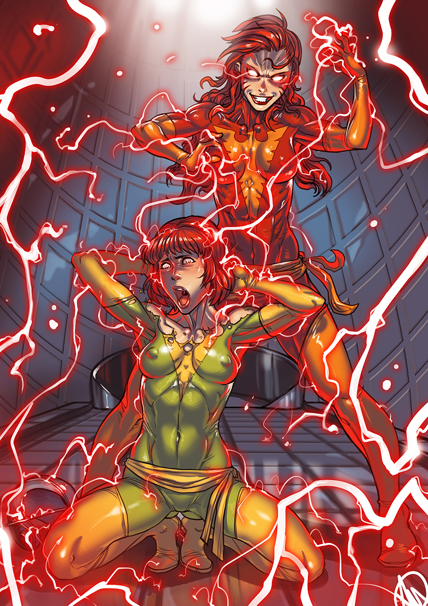 2girls areolae female female_focus female_only fully_clothed ganassa ginger ginger_hair highres jean_grey marvel marvel_comics medium_breasts nipples nipples_through_clothes phoenix_(x-men) psychic psychic_powers red_hair skin_tight skin_tight_suit small_breasts teenager telepathic_sex tight_clothing torn_clothes torn_clothing x-men young younger_female