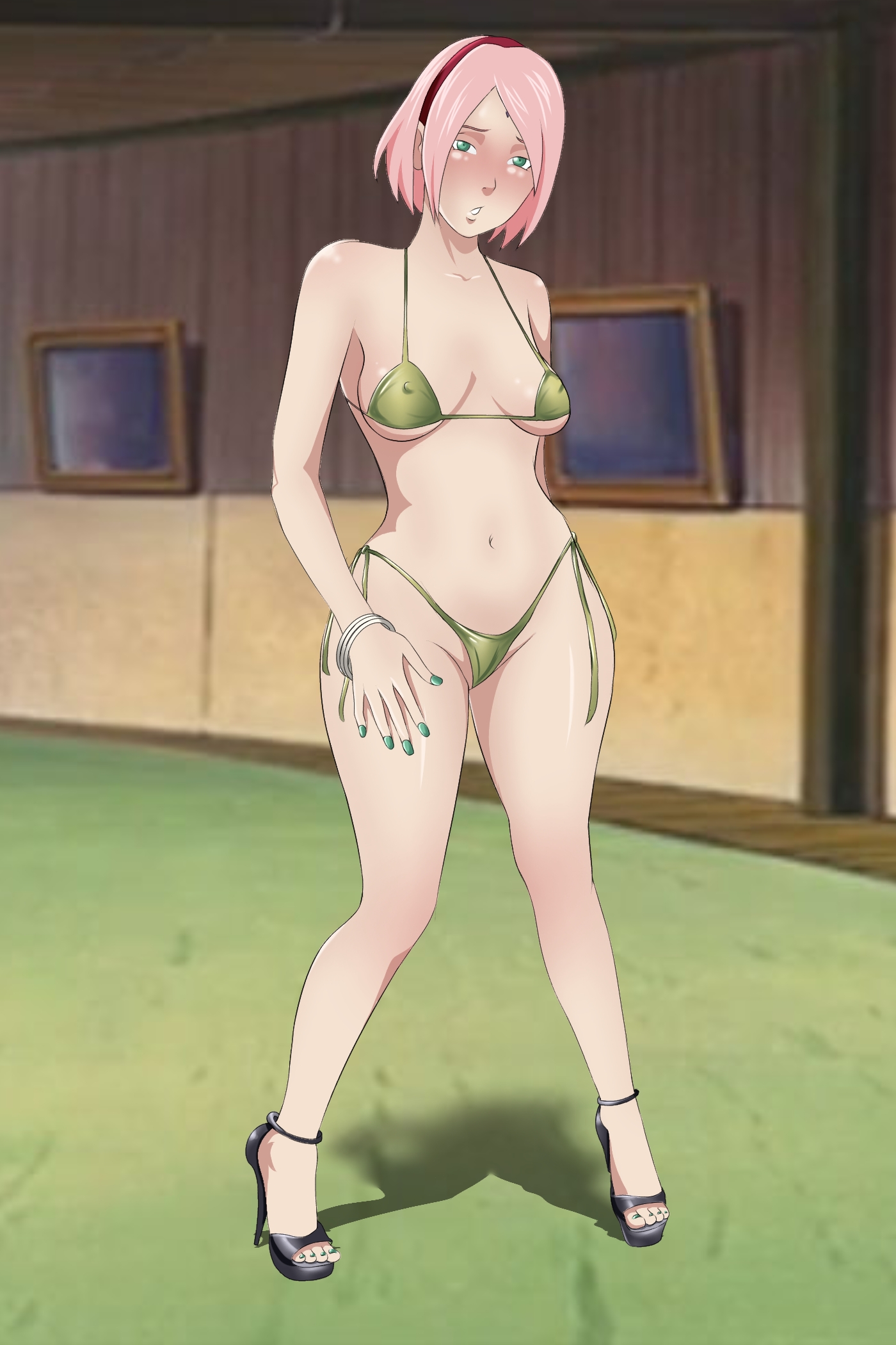 1girls, bare arms, bare chest, bare legs, bare midriff, bare shoulders, bare thighs, bikini, blush, boruto: naruto next generations, breasts, curvaceous, curvy, curvy body, curvy female, curvy figure, danieledevane, erect nipples, erect nipples under bikini, erect nipples under swimsuit, facial mark, female, female only, fingernail polish, fingernails, forehead mark, full body, green eyes, hallway, heels, high heels, highleg, highleg bikini, indoors, looking at viewer, mature, mature female, milf, nail polish, naruto, naruto (series), nipples, pink hair, pinup, revealing swimsuit, sakura haruno, shoulder length hair, side-tie bikini, skimpy, skimpy bikini, small breasts, solo, solo female, solo focus, swimsuit, toenail polish, toenails