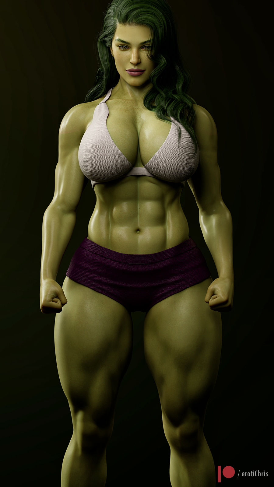 1girls, 2022, 3d, abs, big breasts, breasts, celebrity, cga3d, curvy, curvy female, erotichris, female, female only, green hair, green skin, green-skinned female, hi res, huge breasts, hulk (series), large breasts, marvel, marvel comics, midriff, muscular, muscular female, she-hulk, short shorts, shorts, six pack, solo, thick thighs, voluptuous, voluptuous female, wide hips