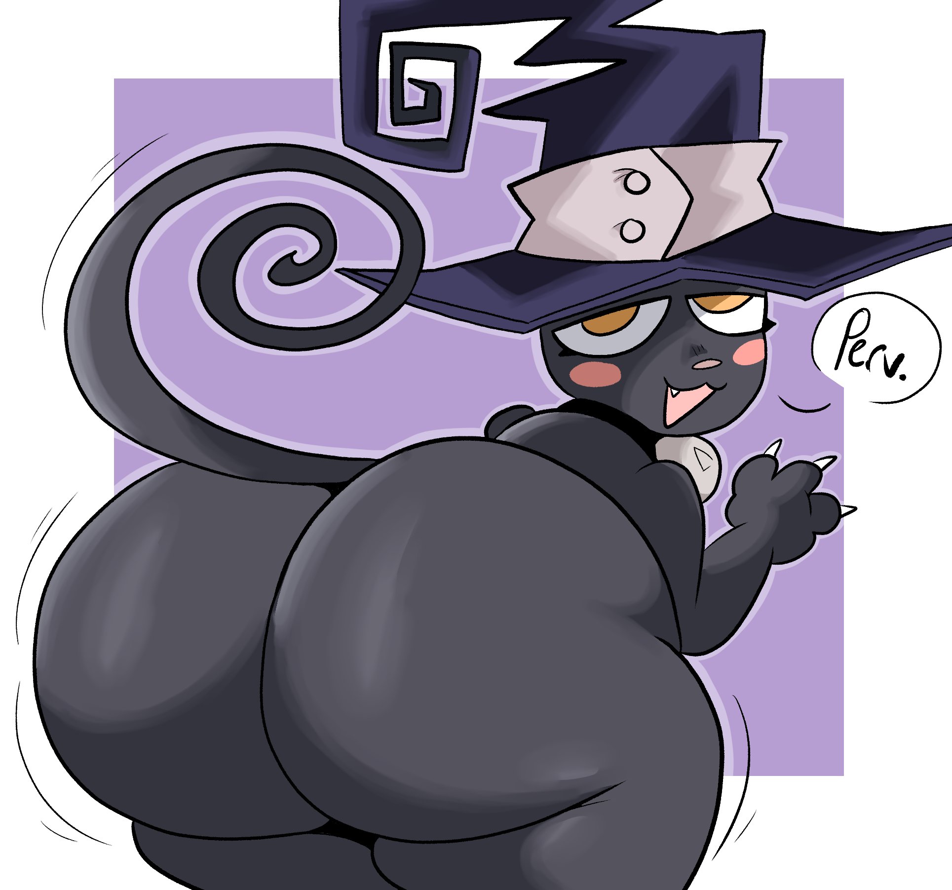1girls, anthro, ass, bell collar, big ass, big butt, blair (soul eater), bubble ass, bubble butt, claws, collar, dialogue, domestic cat, dork boi, fat ass, feline, female, female only, hat, huge ass, huge butt, lewd dorky, looking at viewer, looking back, solo, soul eater, talking to viewer, text, thick thighs, wide hips, witch hat, yellow eyes