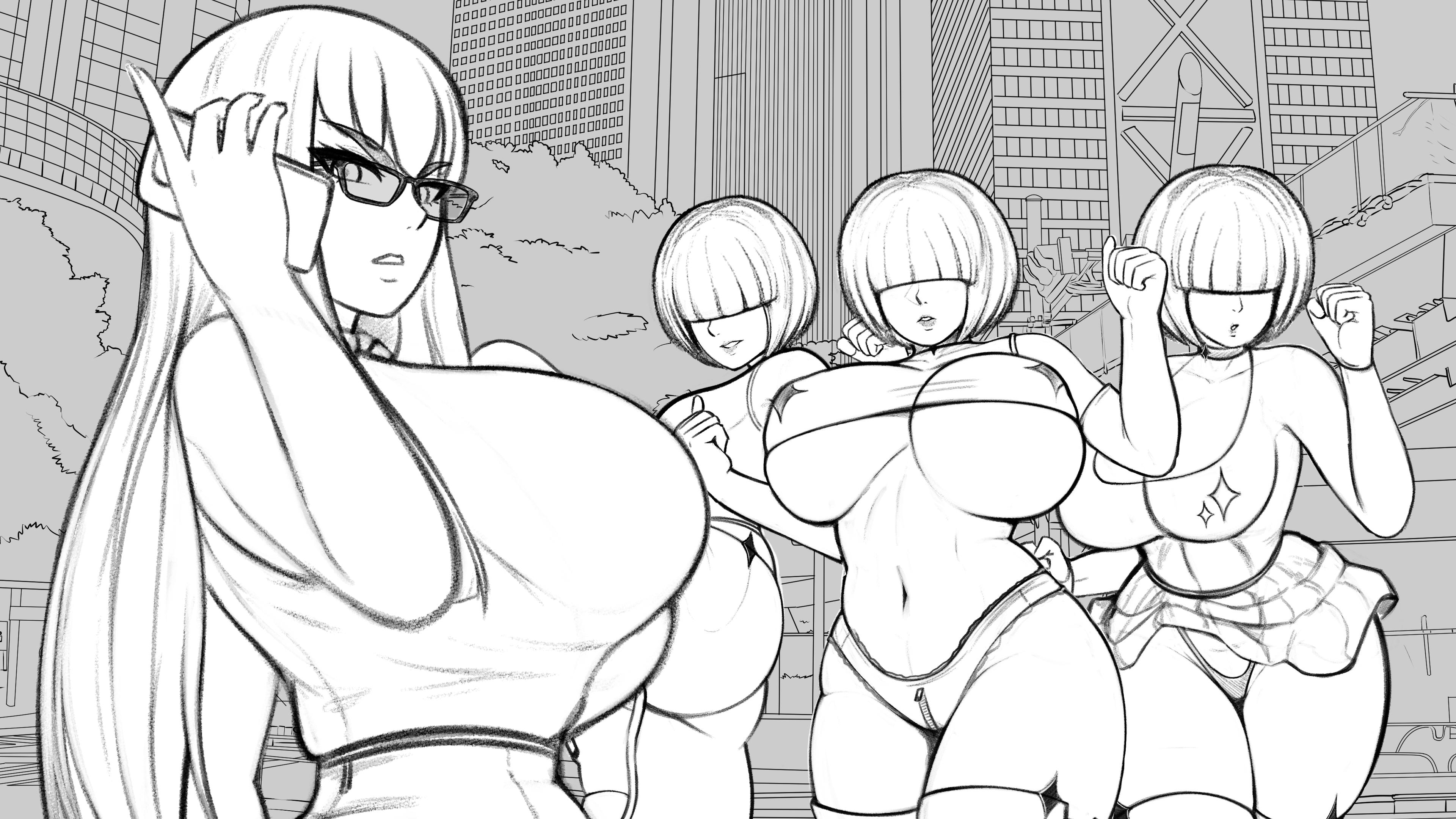 4girls, black and white, female, glasses, kill la kill, kiryuuin satsuki, multiple females, multiple girls, nowajoestar, tagme