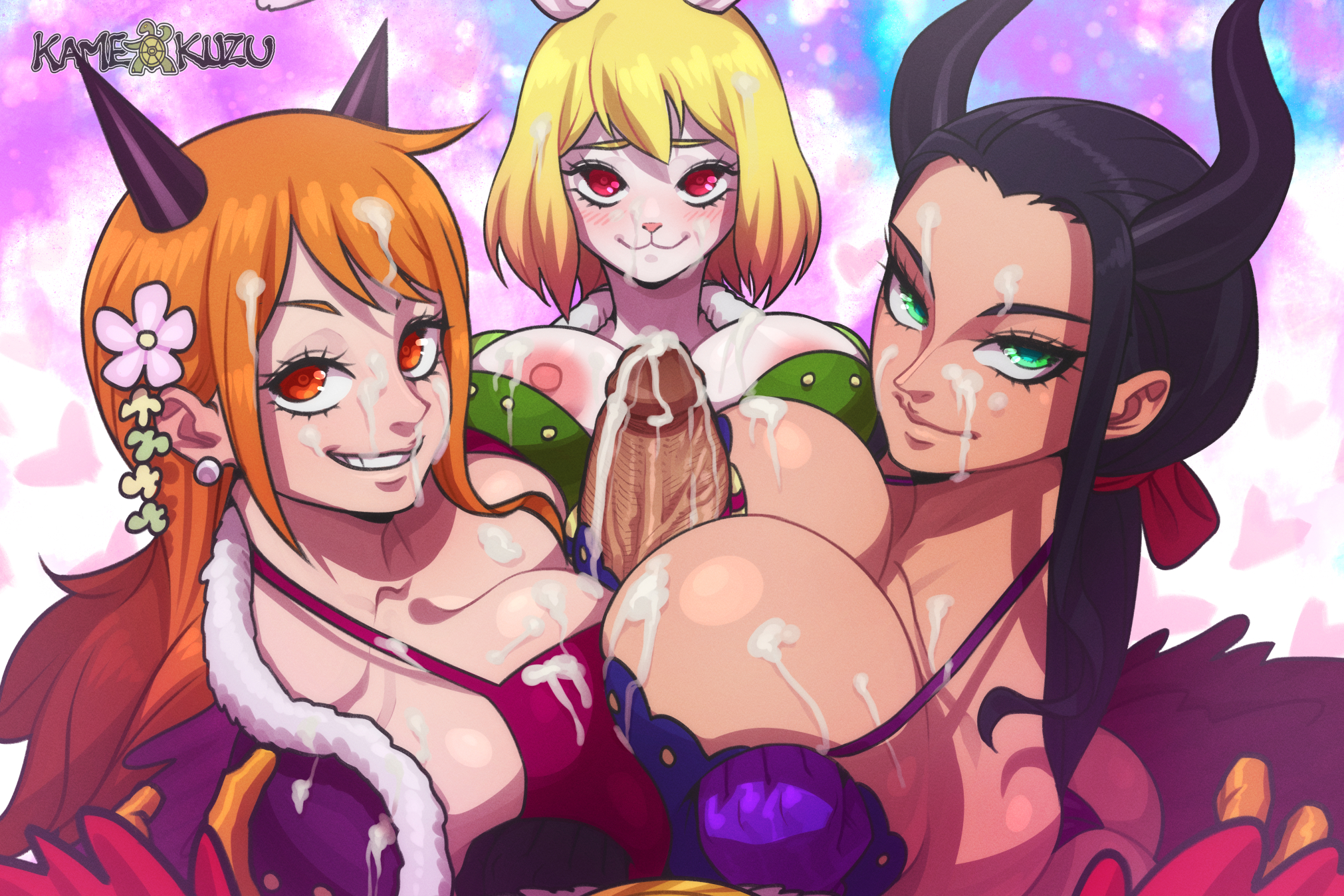 1boy, 3girls, absurd res, anthro, beast pirates (cosplay), big penis, black hair, black-haired female, blonde female, blonde hair, blonde-haired female, blush, breasts, carrot (one piece), cum, cum on breasts, cum on face, female, foursome, green eyes, group sex, harem, high resolution, horn, huge breasts, huge cock, kameseru, large penis, light skin, light-skinned male, looking at viewer, male, monkey d luffy, nami (one piece), nico robin, one piece, orange eyes, orange hair, orange-haired female, paizuri, partial male, penis, post-timeskip, pov, red eyes, smile, titjob, triple paizuri