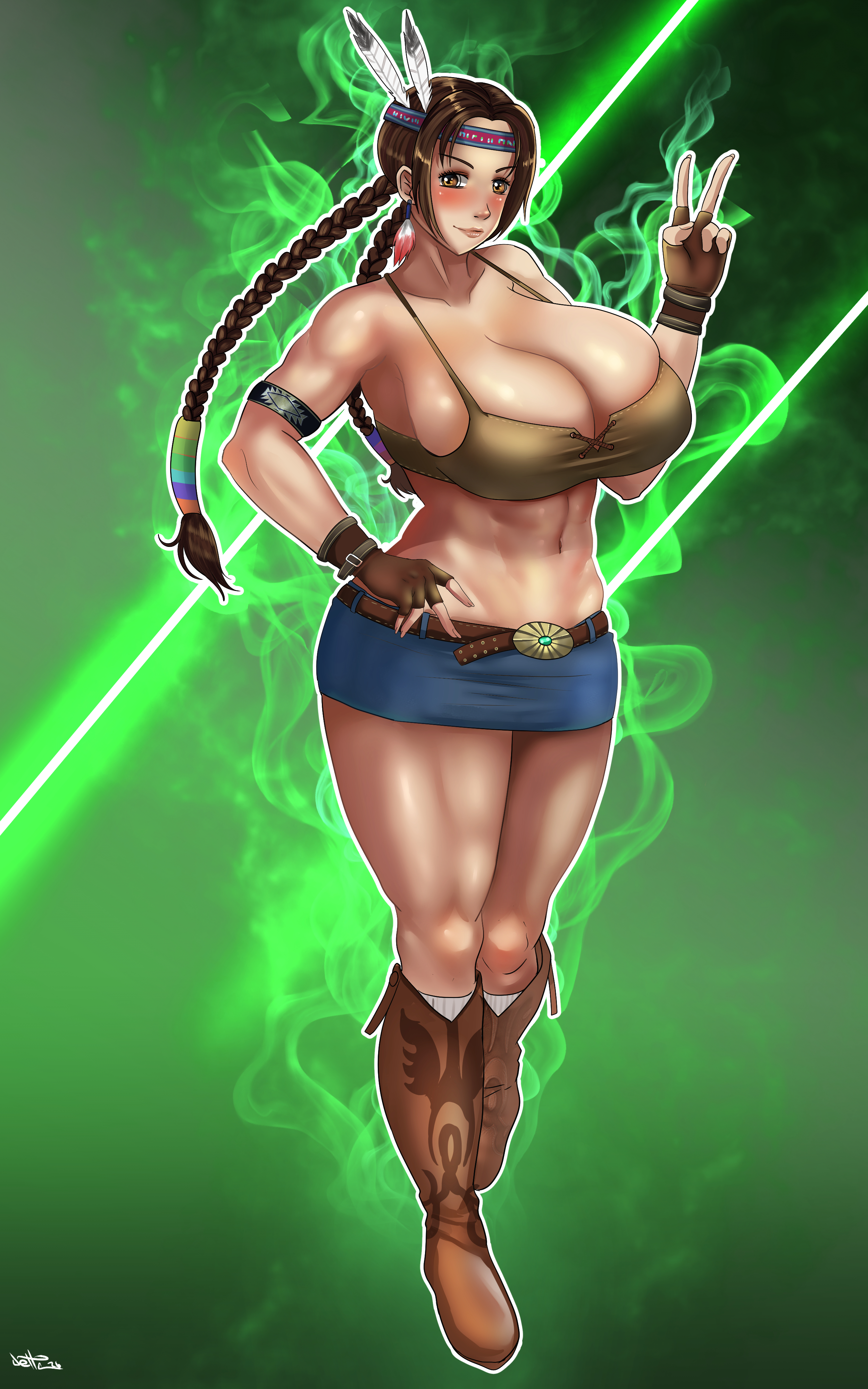 1girls, big breasts, blush, breasts, busty, delta26, female, female only, huge breasts, julia chang, large breasts, navel, shorts, smile, solo, solo female, tekken, thick thighs, thighs, v sign