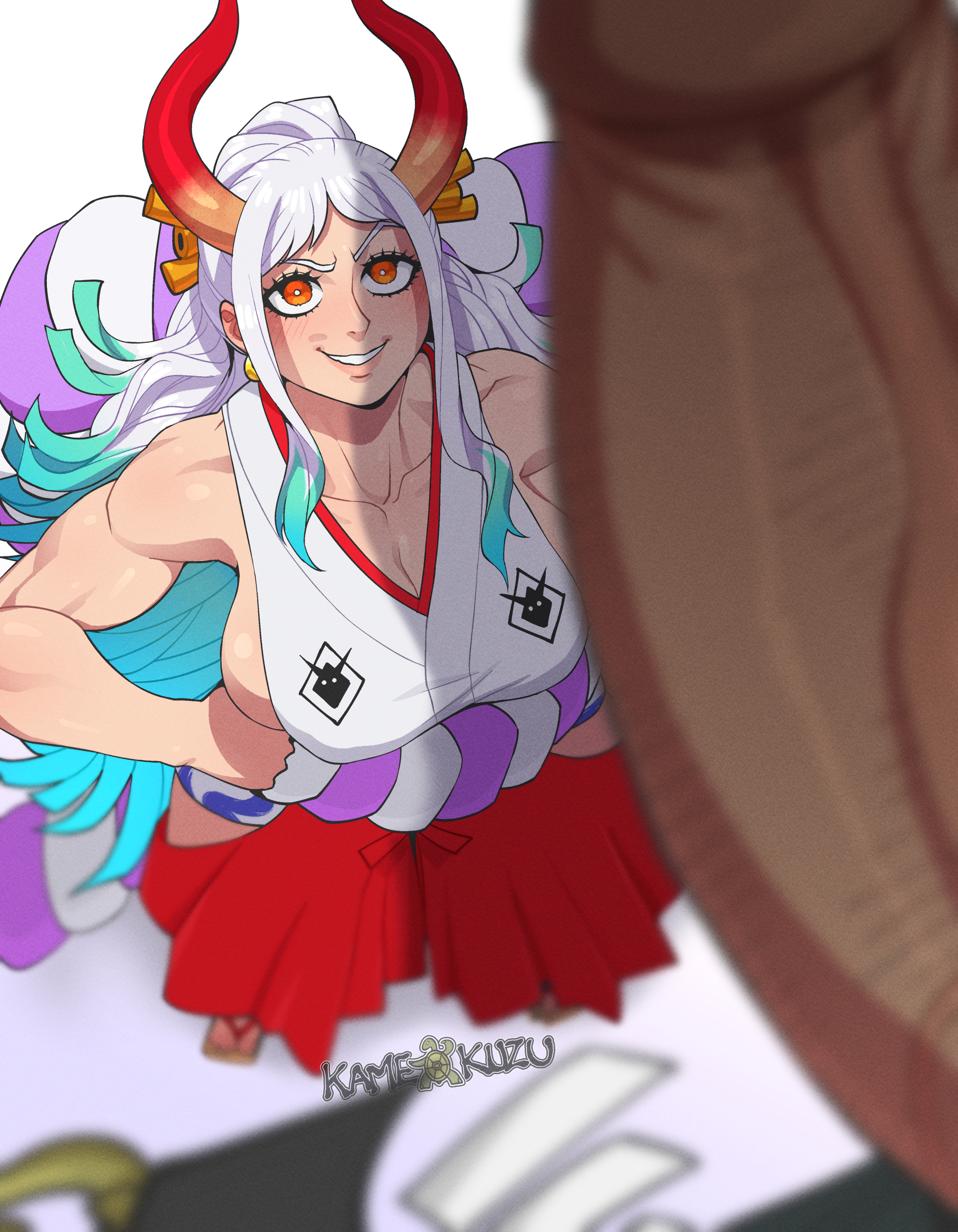 1boy, 1girls, absurd res, big breasts, breasts, cleavage, father and daughter, female, giant, hakama, high resolution, horns, huge breasts, huge cock, hyper penis, incest, japanese clothes, kaido (one piece), kameseru, large breasts, long hair, male, multicolored hair, one piece, orange eyes, penis, sideboob, two-tone hair, veiny penis, white hair, white-haired female, yamato (one piece)