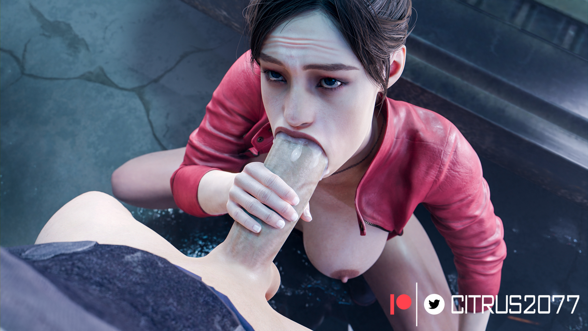 1boy, 1girls, 3d, 3d (artwork), blender, blender (software), blowjob, blue eyes, breasts, brown hair, capcom, citrus2077, claire redfield, claire redfield (jordan mcewen), cum, cum drip, cum dripping, cum dripping from penis, cum in mouth, female, female focus, half naked, half nude, huge cock, leon scott kennedy, leon scott kennedy (eduard badaluta), light skin, light-skinned female, light-skinned male, male, pale skin, pale-skinned female, pale-skinned male, penis, resident evil, resident evil 2, resident evil 2 remake, sucking, sucking penis, tagme, umbrella rpd