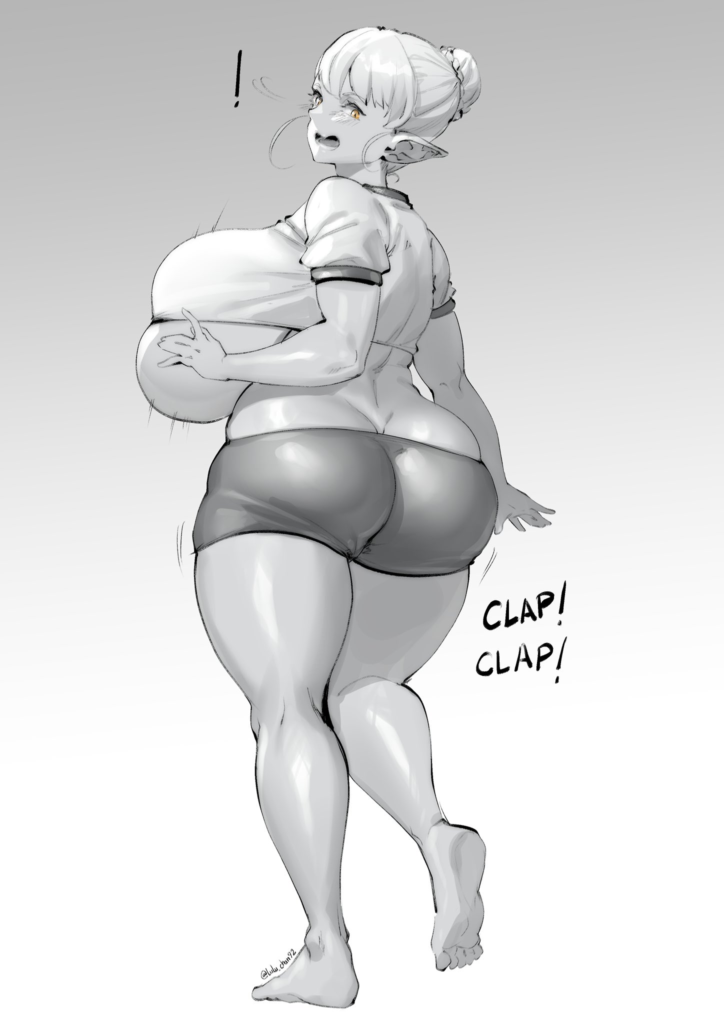 1girls, ass, big ass, big breasts, blonde female, breasts, chubby, chubby female, elf, elf-san wa yaserarenai, elfuda, fat ass, female, greyscale, huge ass, huge breasts, lulu-chan92, monochrome, pointy ears, shorts, solo, standing