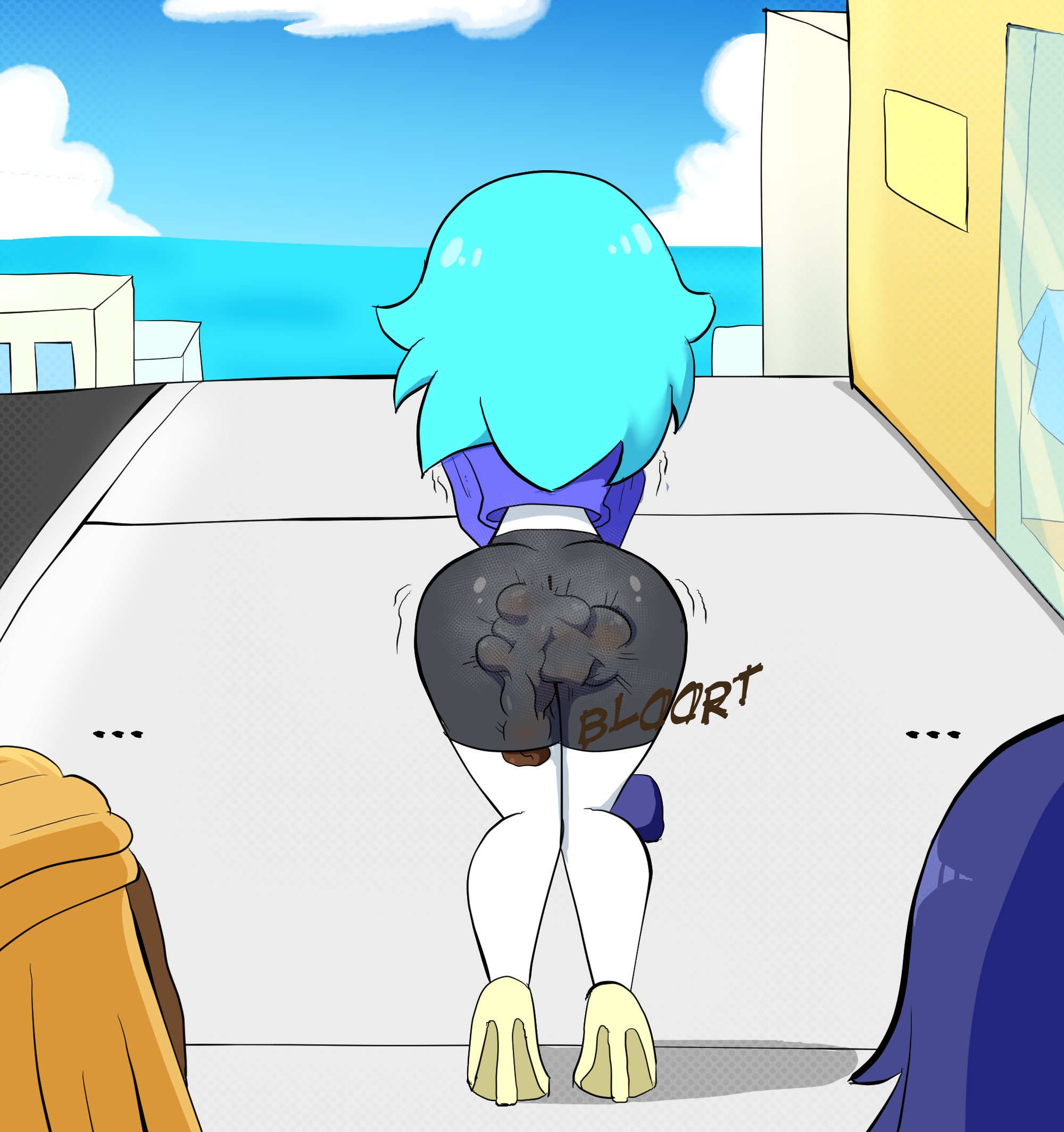 ..., 1boy, 2girls, ass, bent over, bike shorts, blue hair, dark skin, dark-skinned male, english text, female, high heels, male, oc, original, original character, original characters, panty poop, panty pooping, protorepulsive, purse, rear view, repulsiveproto, scat, shitting, shitting self, shorts, soiling, text, white skin