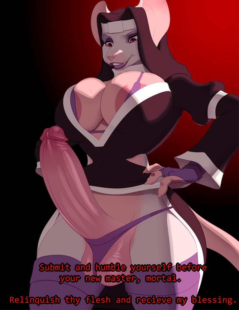 1futa albino anthro balls big_breasts big_penis blush bottomwear breasts breasts_bigger_than_head clothed clothing digital_media_(artwork) dominant_anthro erection fur futa_sans_pussy futadom futanari genitals gynomorph hair humanoid_genitalia humanoid_penis intersex legwear mammal murid murine nipples nun nun's_habit nun_futa nun_outfit panties penis rat red_eyes rodent simple_background smile solo text underwear valerie_valentine_(strawberrycrux) vicioustyrant voluptuous voluptuous_futanari white_body white_fur