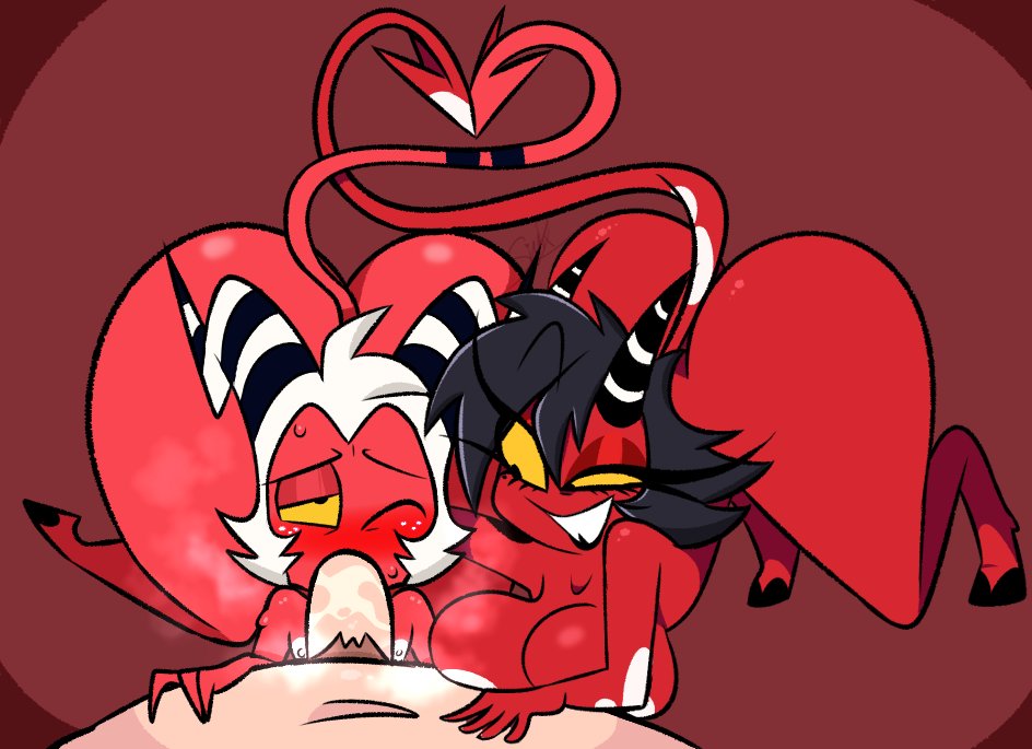 1girls, 2boys, assisted fellatio, bisexual, bisexual fellatio, bisexual male, black hair, both sexes in same situation, canon couple, couple fellatio, demon, demon boy, demon girl, erection, fellatio, female, female supporting yaoi, helluva boss, horns, imp, male, male/male, millie (helluva boss), moxxie (helluva boss), multiple boys, nude, penis, pixelzsinful, red-skinned female, red-skinned male, swingers, threesome, white hair, wide hips, yaoi