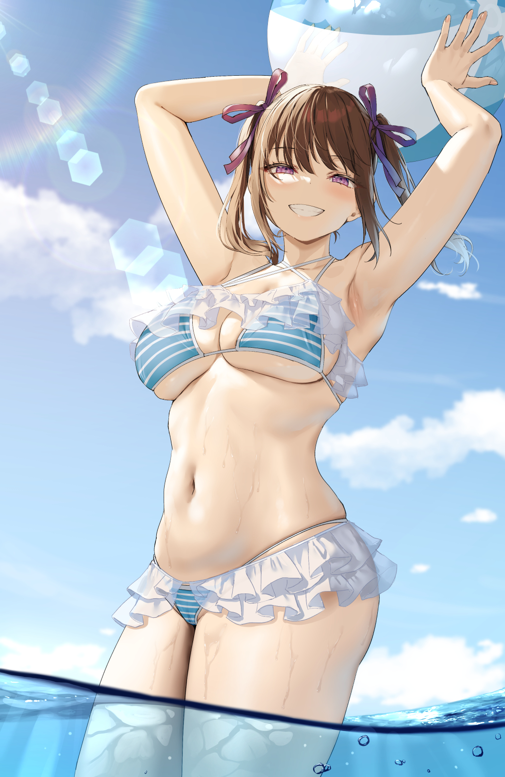 1girls, 2022, armpits, arms up, beach, beach ball, bikini, breasts, brown hair, female, female only, grin, hips, large breasts, looking at viewer, oekakizuki, original, original character, outdoors, purple eyes, slim waist, striped bikini, thighs, water, wet