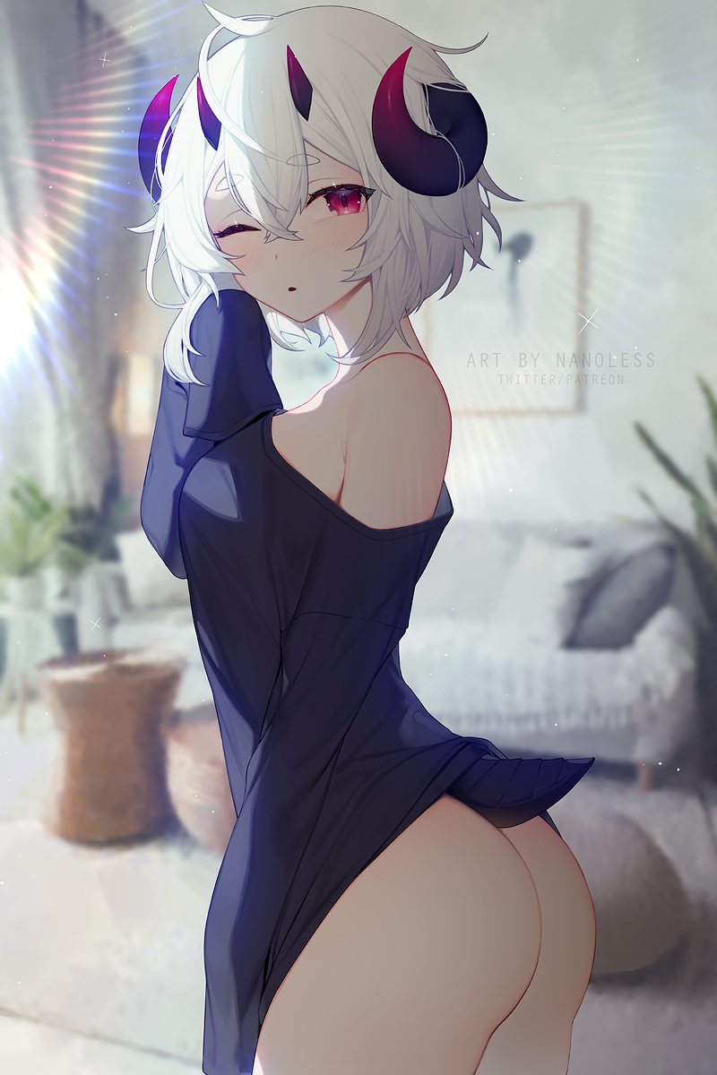 1girls artist_name ass bottomless butt clothes clothing cute female hair horn horns nano_(nanoless) nanoless one_eye_closed oversized_clothes red_eyes shirt short_hair slight_blush slightly_open_mouth solo solo_female tired topwear watermark white_hair