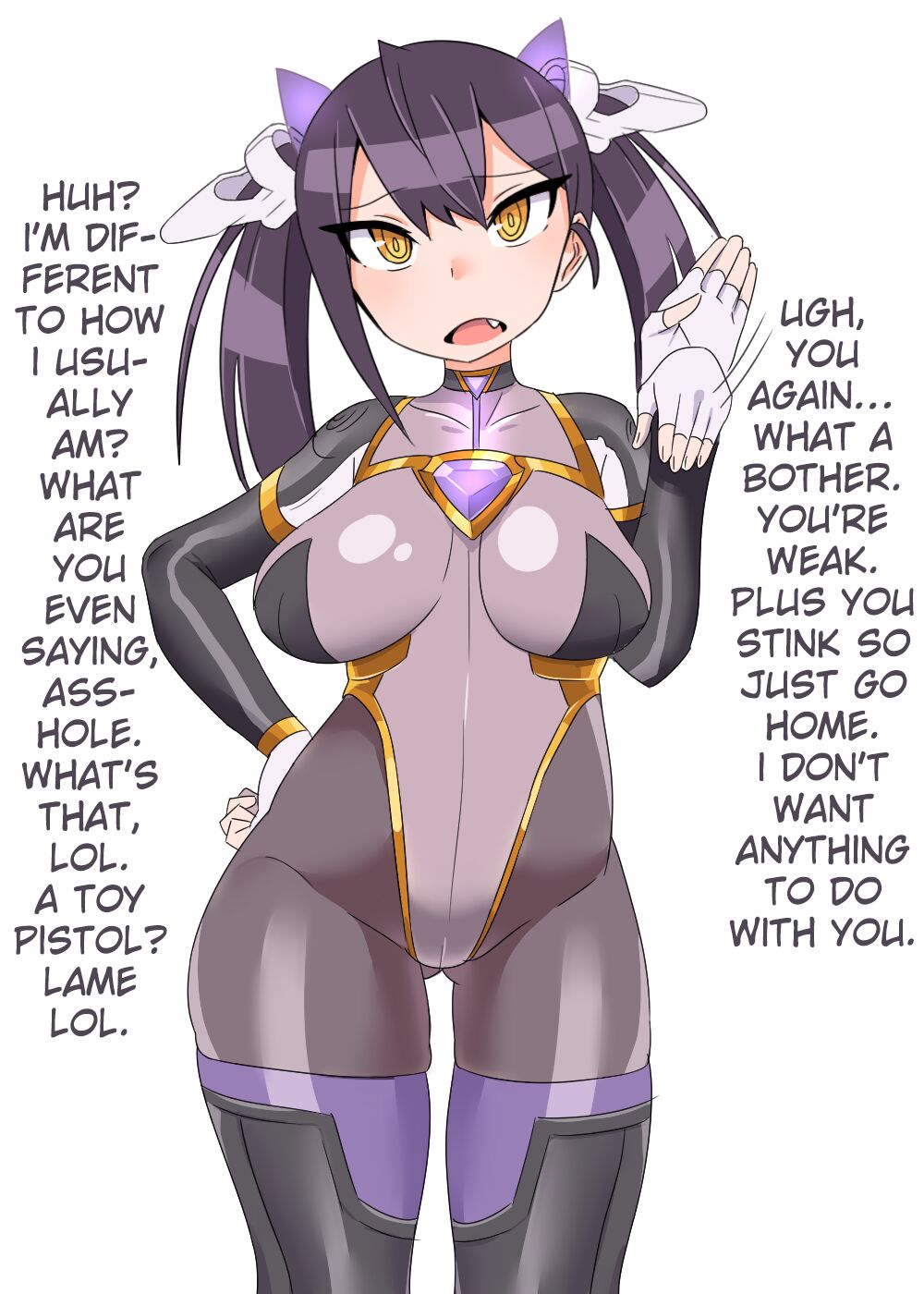 1girls, breasts, corruption, english text, female, fingerless gloves, ganbari mascarpone, gloves, original, original character, simple background, text, twintails, yellow eyes