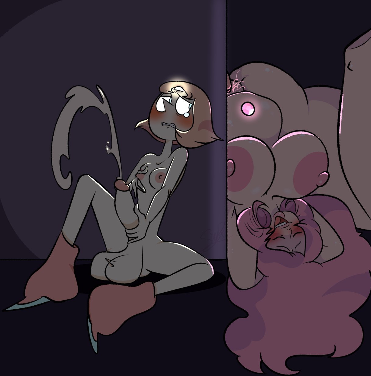 1futa, 1girls, areolae, balls, big breasts, big penis, blush, blushing, breasts, cartoon network, chubby, chubby female, clenched teeth, cum, cumshot, duo, ejaculation, erect penis, erection, female, futa with female, futanari, gem (species), greg universe, huge balls, huge cock, humanoid, humanoid penis, intersex, long hair, masturbating futa, masturbation, milf, mother, nipples, orgasm, overweight, overweight female, pearl (steven universe), penis, pink hair, pixelzsinful, pleasure face, pointy nose, pubic hair, rose quartz (steven universe), stealth masturbation, steven universe, thick thighs, wide hips