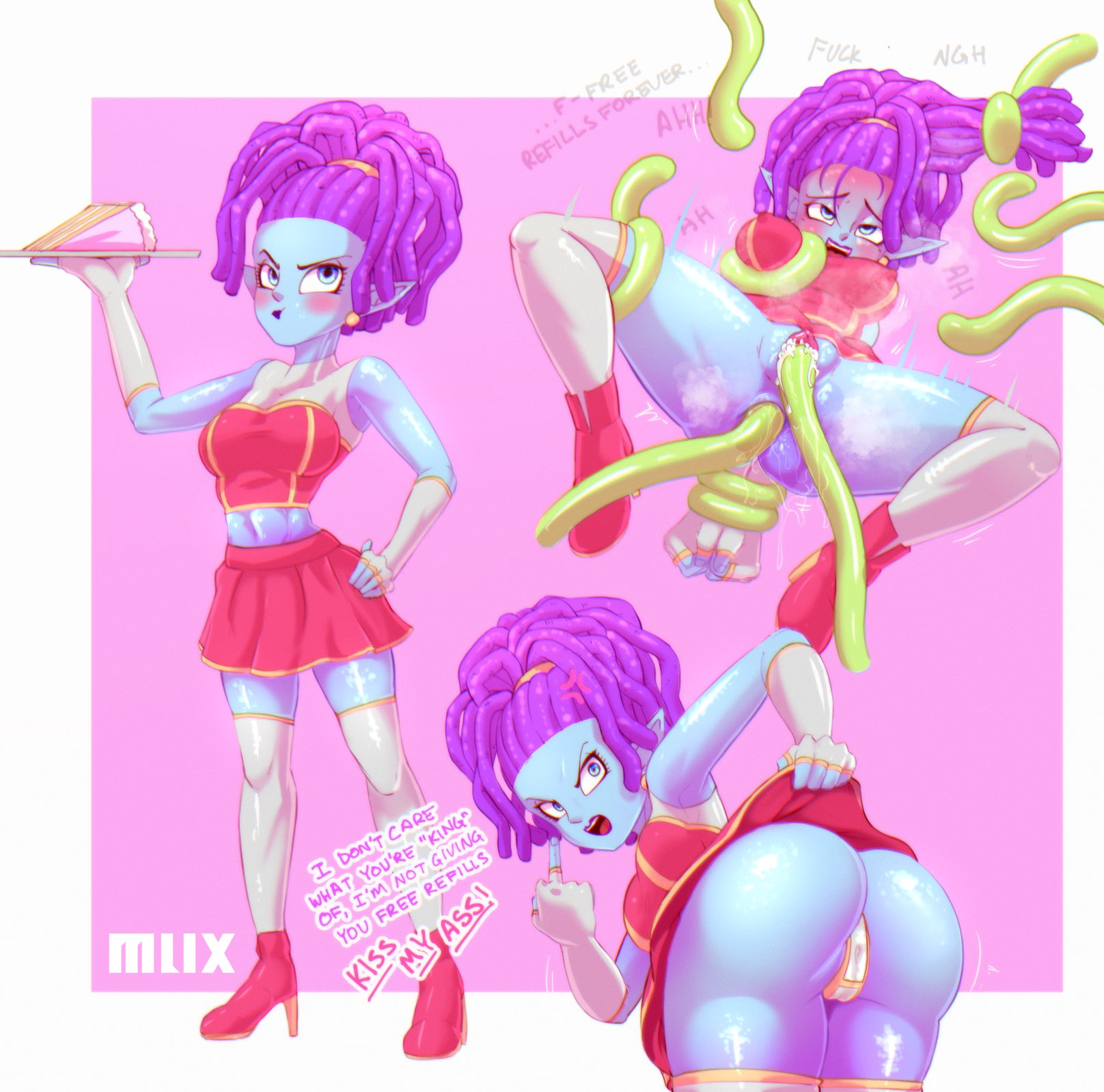 1boy, 1girls, anal, anal sex, ass, blue eyes, blue skin, blush, blushing, breasts, cum, dragon ball, dragon ball super, female, gloves, hair pull, high heels, large ass, large breasts, large butt, lipstick, macki, male, medium breasts, middle finger, moaning, mrmlix, purple hair, pussy, sex, tentacle, thighhighs, vaginal penetration