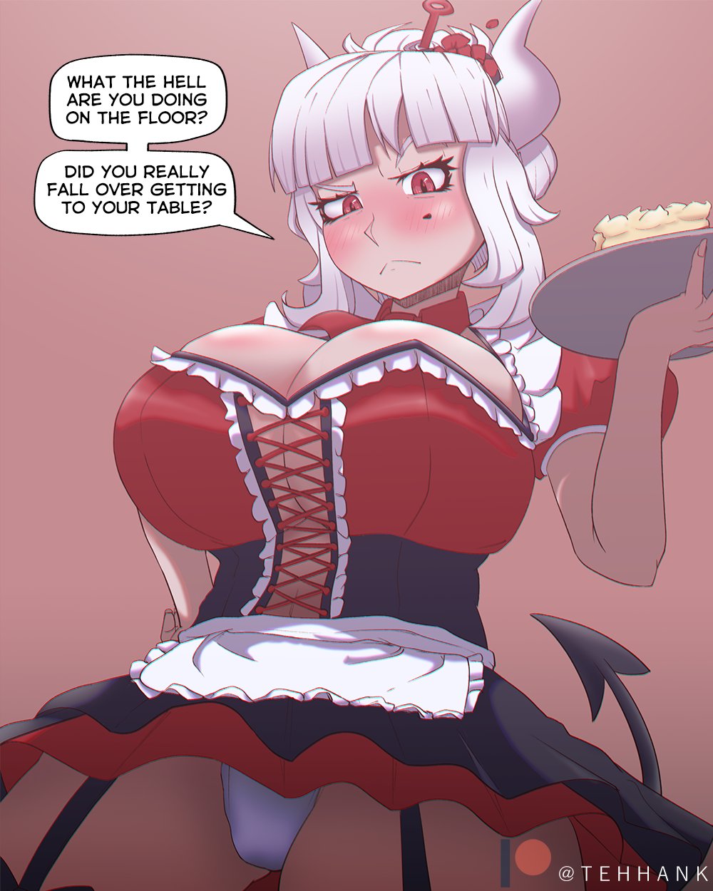 1girls 2022 angry artist_name black_pupils blush blushing_at_viewer breasts cleavage demon_girl demon_tail digital_media_(artwork) eyebrow_raise eyebrows eyelashes female food hair hand_on_hip helltaker horns large_breasts looking_at_viewer lucifer_(helltaker) maid maid_uniform mole mole_under_eye navel panties pantyshot patreon patreon_logo patreon_username plate profanity red_eyes short_hair solo_female speech_bubble standing tagme tail tehhank text under_skirt upskirt white_eyebrows white_hair white_sclera