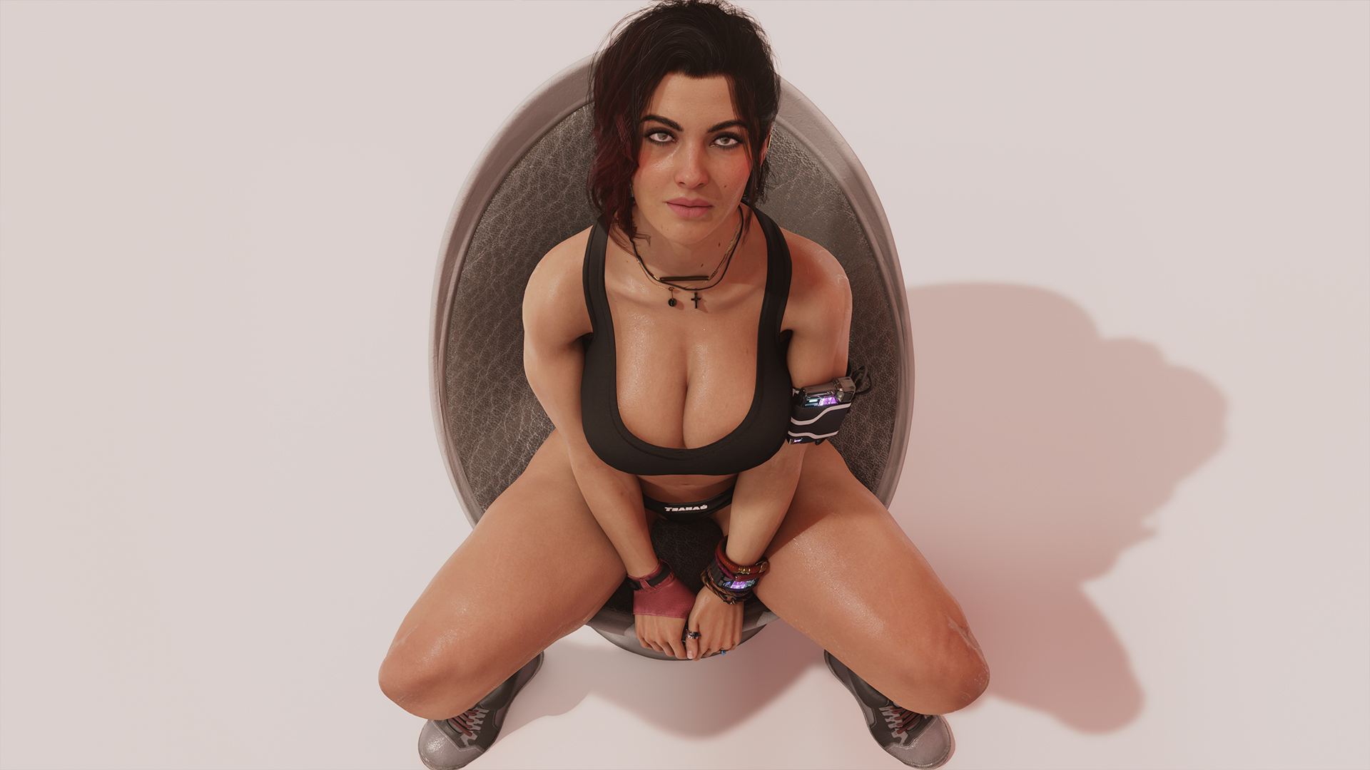 1girls, 3d, big breasts, bracelet, breasts, brown hair, cd projekt red, claire russell, cleavage, clothed, cyberpunk 2077, eyeliner, female, hi res, looking at viewer, looking up, necklace, ring, sitting, sneakers, solo, sports bra, thick eyebrows, trahao