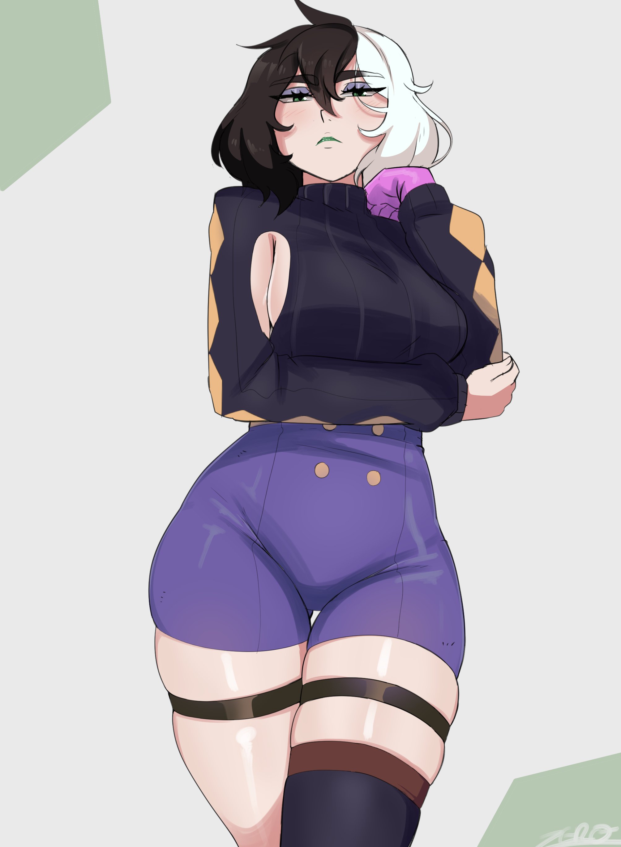 1girls, arm under breasts, black hair, borrowed character, breasts, clothing, eyeshadow, female, female only, green eyes, green lipstick, hi res, legband, legs together, legwear, light blush, looking at viewer, medium hair, narrowed eyes, one glove, sideboob, single thighhigh, solo, solo female, standing, thick thighs, thigh gap, thigh squish, two-tone hair, unamused, white hair, yorra villeneuve, zeromomentai
