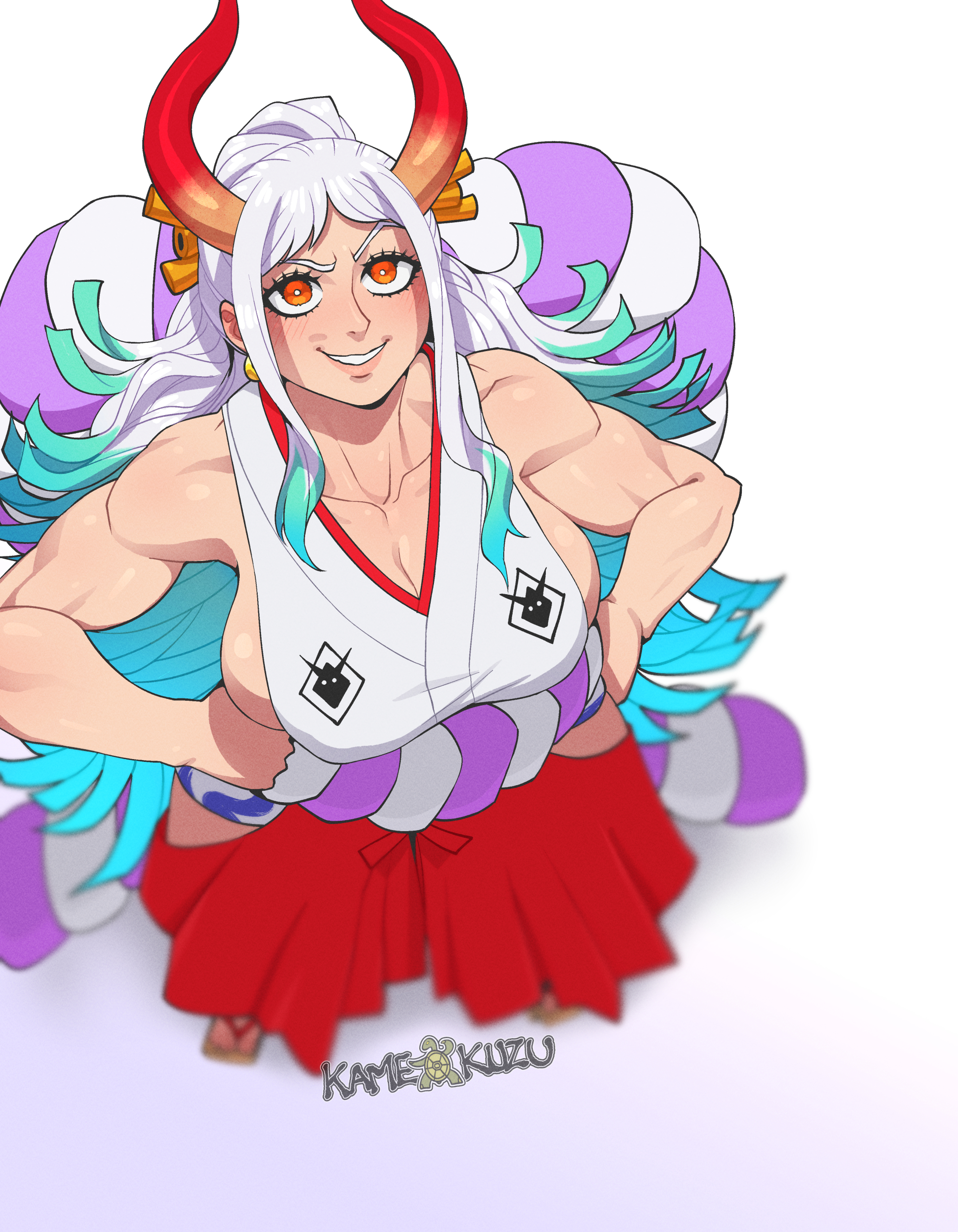 1girls, big breasts, breasts, cleavage, female, female only, green hair, hakama, high-angle view, incest, japanese clothes, kamekuzu, kameseru, large breasts, one piece, red horns, sideboob, two-tone hair, white hair, white-haired female, yamato (one piece)