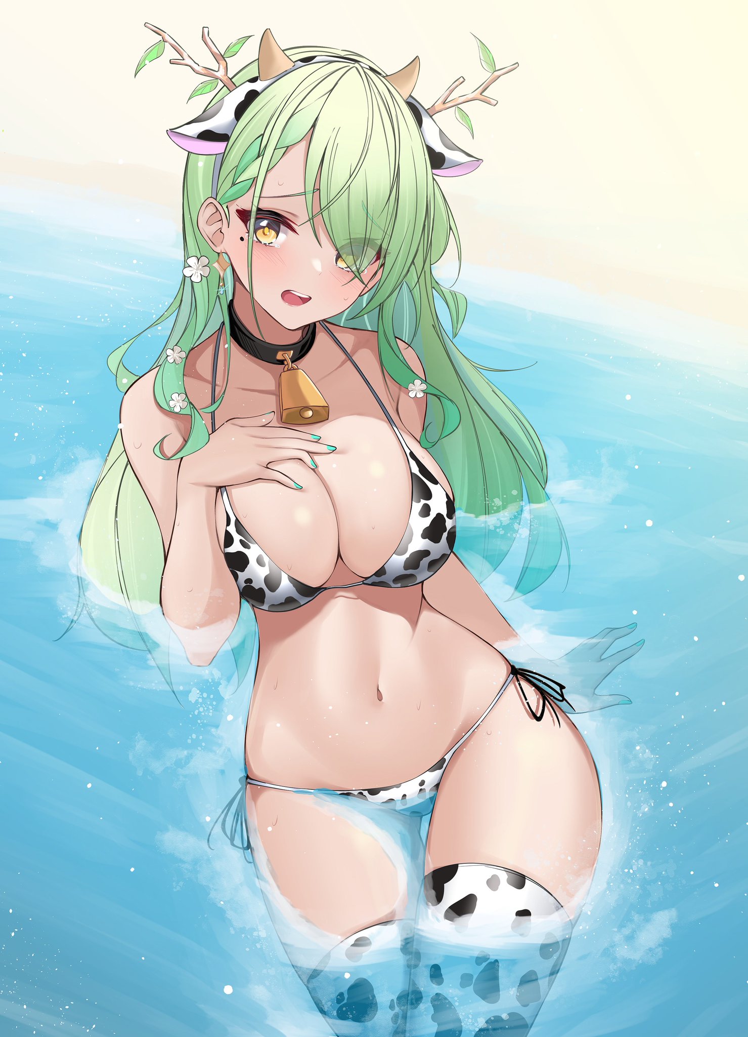 beach, beauty mark, bikini, bikini bottom, bikini top, blush, breasts, ceres fauna, cow bikini, cow ears, cow print, embarrassed, female, flowers in hair, hand on breast, hololive, hololive english, hololive english -council-, hololive english -promise-, horns, leggings, nail polish, parfaitdesu, partially submerged, seaside, sitting, thighhighs, virtual youtuber
