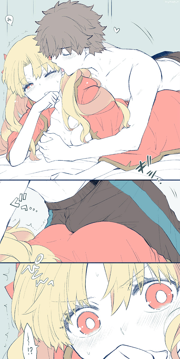 1boy azumi_(myameco) blonde_female blonde_hair blush breast_grab breasts brown_hair bulge cape closed_eyes erection erection_under_clothes ereshkigal_(fate) fate/grand_order fate_(series) female fujimaru_ritsuka_(male) grabbing grabbing_from_behind hair_between_eyes hair_ribbon long_hair lying medium_breasts on_stomach one_eye_closed open_mouth red_cape red_eyes red_ribbon ribbon short_hair straight tongue tongue_out