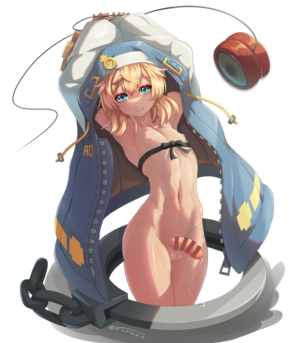 1boy balls blonde_hair blue_eyes blush bridget censor_bar censored exrano eye_contact guilty_gear guilty_gear_strive looking_at_viewer male male_only nude nude_male penis solo solo_male testicles thighs white_background yo-yo