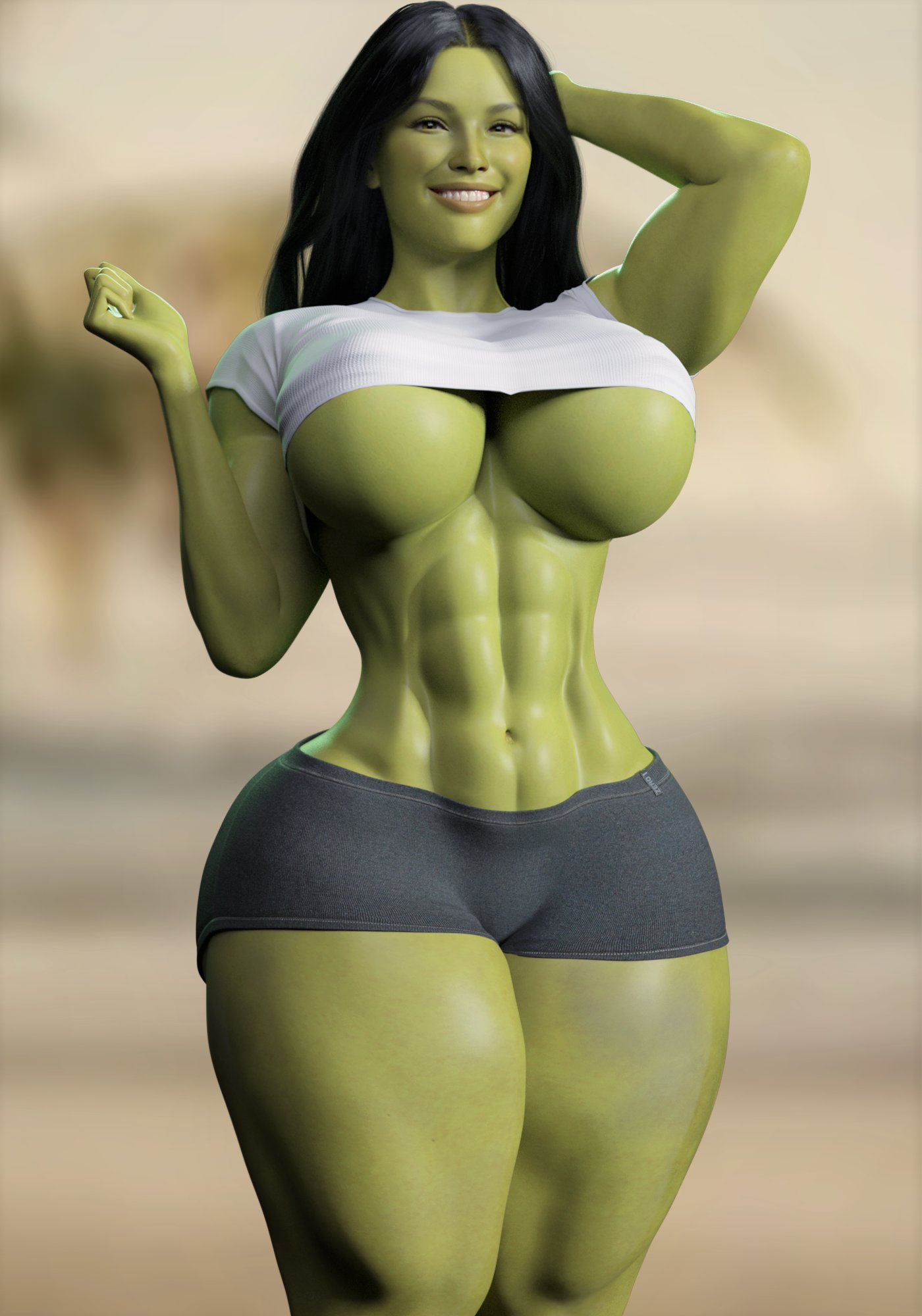 1girls, 2022, 3d, abs, audrix, big breasts, breasts, female, female only, green hair, green skin, green-skinned female, hi res, huge breasts, hulk (series), large breasts, marvel, marvel comics, midriff, muscular, muscular female, she-hulk, short shorts, shorts, six pack, solo, thick thighs, underboob, wide hips