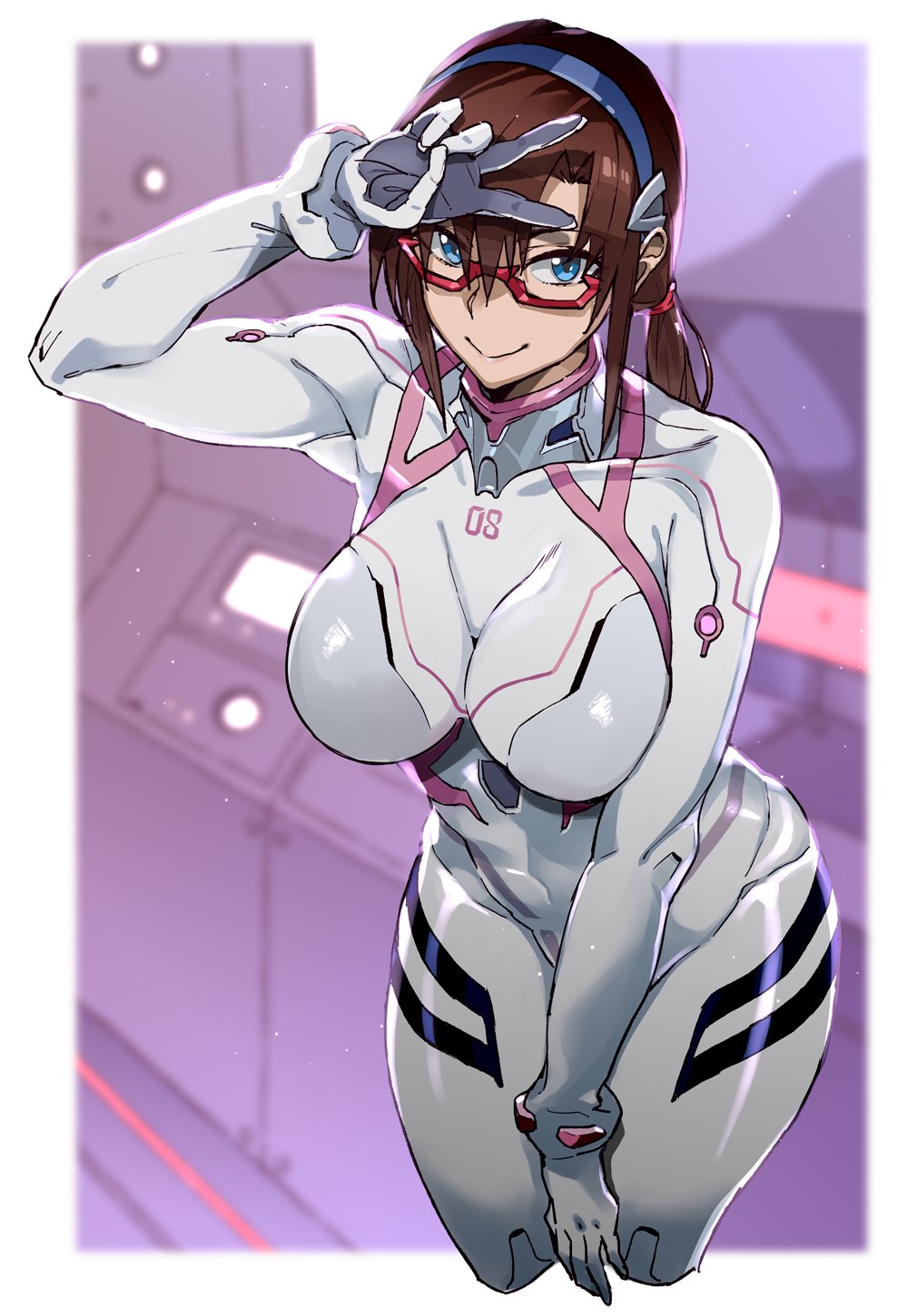 1girls, 21498, big breasts, bodysuit, breasts, brown hair, clothing, curvy, curvy figure, female, female focus, female only, glasses, hi res, highres, human, interface headset, large breasts, light skin, light-skinned female, long hair, mari illustrious makinami, neon genesis evangelion, pilot suit, plugsuit, rebuild of evangelion, smile, smiling at viewer, solo, thick thighs, v, wide hips