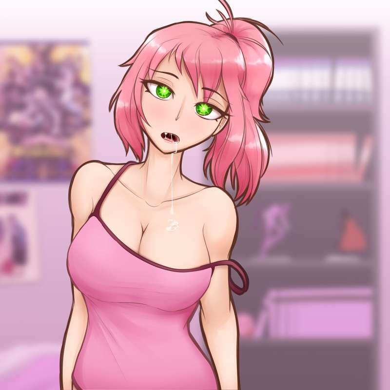 alternate_version big_breasts crystal_(lewd-zko) drooling glowing_eyes green_eyes hypnosis hypnotized lewd-zko mind_control pink_hair tank_top zko