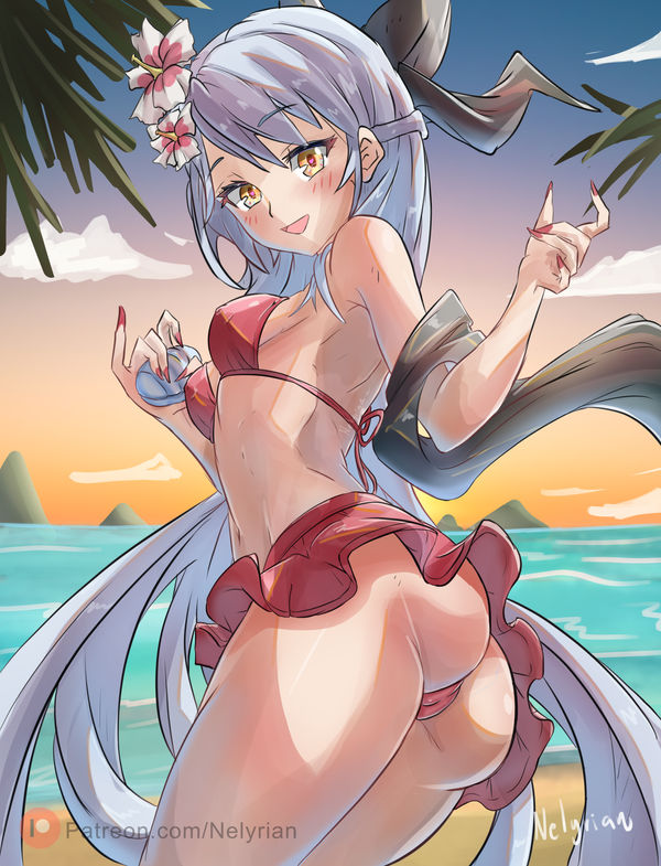 1girls alternate_costume alternate_hair_length alternate_hairstyle artist_name ass back bangs bare_back bare_shoulders bare_thighs beach big_ass bikini bikini_skirt blush breasts cameltoe commission female female_only fire_emblem fire_emblem:_radiant_dawn fire_emblem_heroes flower grey_hair hair_flower half_updo long_hair looking_at_viewer looking_back micaiah_(fire_emblem) micaiah_(summer)_(fire_emblem) nail_polish nelyrian1 nintendo ocean official_alternate_costume open_mouth outdoors partially_visible_vulva patreon_username red_bikini red_nails red_swimsuit signature silver_hair small_breasts smile solo sunset swimsuit thick_thighs thighs towel very_long_hair yellow_eyes