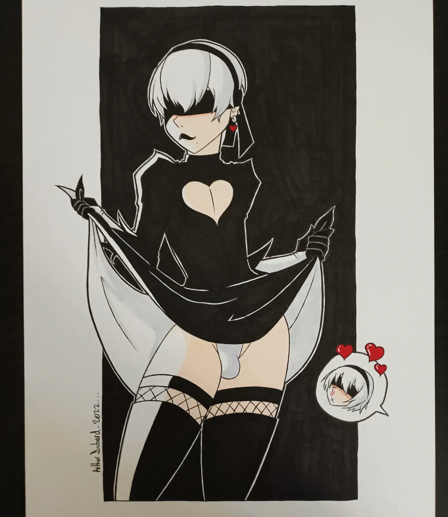 1boy, arthurdubard, black lipstick, blindfold, bulge, clothing, crossdressing, crossplay, femboy, light skin, light-skinned male, lipstick, male, male focus, nier, nier: automata, penis, penis under clothes, short hair, skirt, skirt lift, solo, standing, thighhighs, trap, white hair, yorha 2b (cosplay), yorha 9s