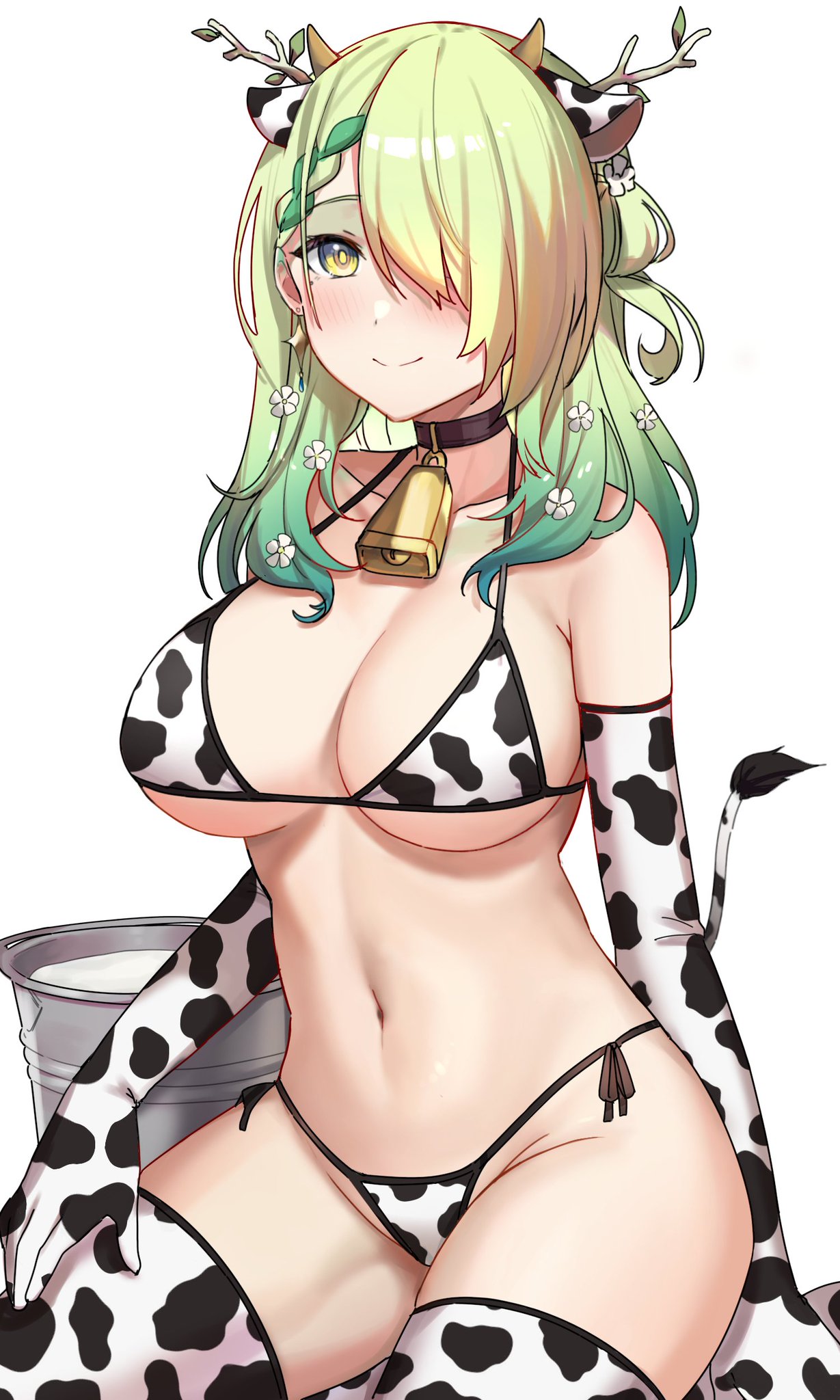1girls, beauty mark, bell collar, bucket, ceres fauna, choker, cow ears, cow print, cow tail, cowbell, cowkini, female, flowers in hair, green hair, hair over one eye, hololive, hololive english, hololive english -council-, hololive english -promise-, horns, leggings, long gloves, pov, sitting, smiling at viewer, thighhighs, virtual youtuber, white background, yellow eyes