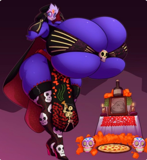 anthro breasts busty_bird cleavage dia_de_los_muertos female female_focus female_only hood jaeh low_res lowres original original_character pizza thick_thighs thighs wide_hips