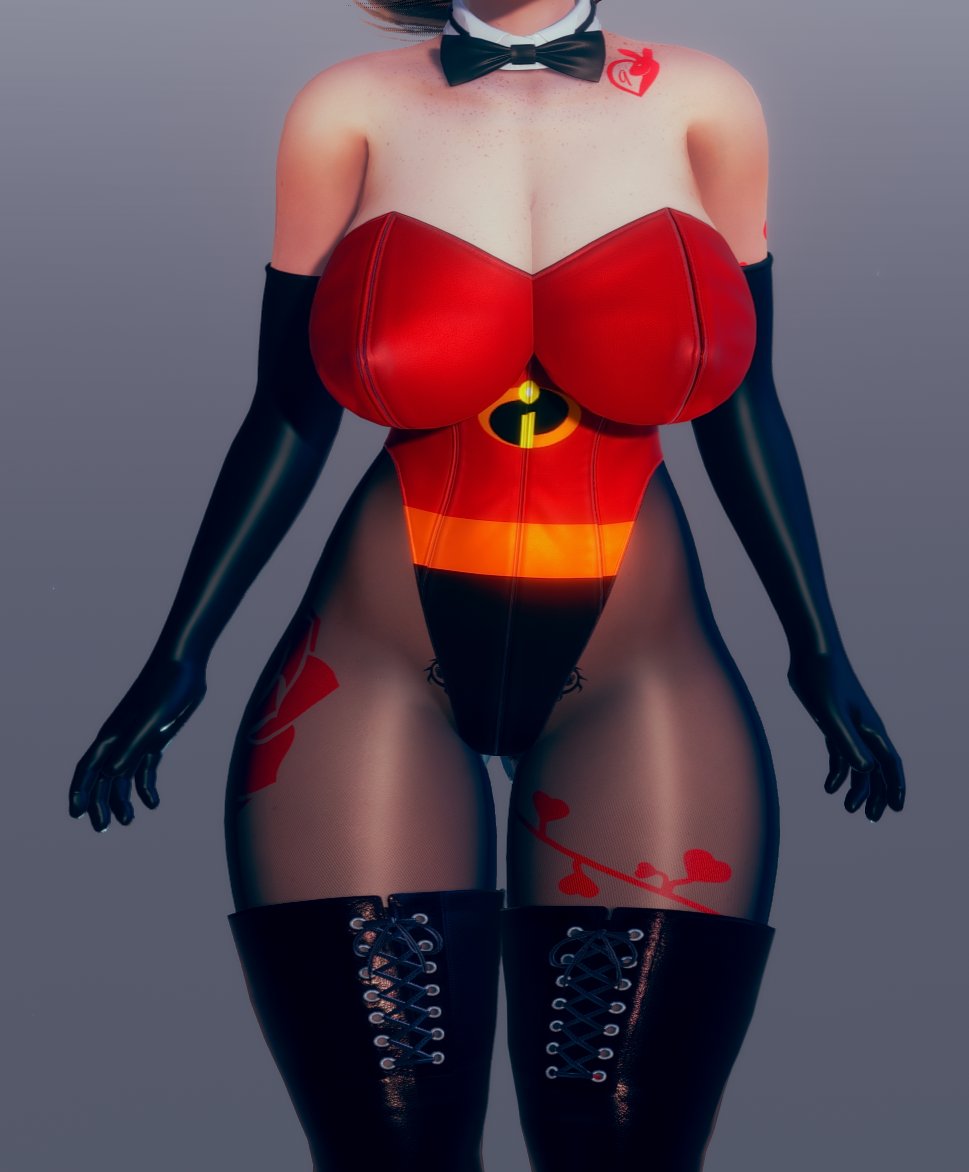 3d, big breasts, black boots, boots, breasts, curvy, disney, elastigirl, elbow gloves, female, gloves, helen parr, honey select, honey select 2, jsmitt, pantyhose, pixar, smooth skin, stomach tattoo, superheroine, tattoo, the incredibles, thick thighs, thigh boots
